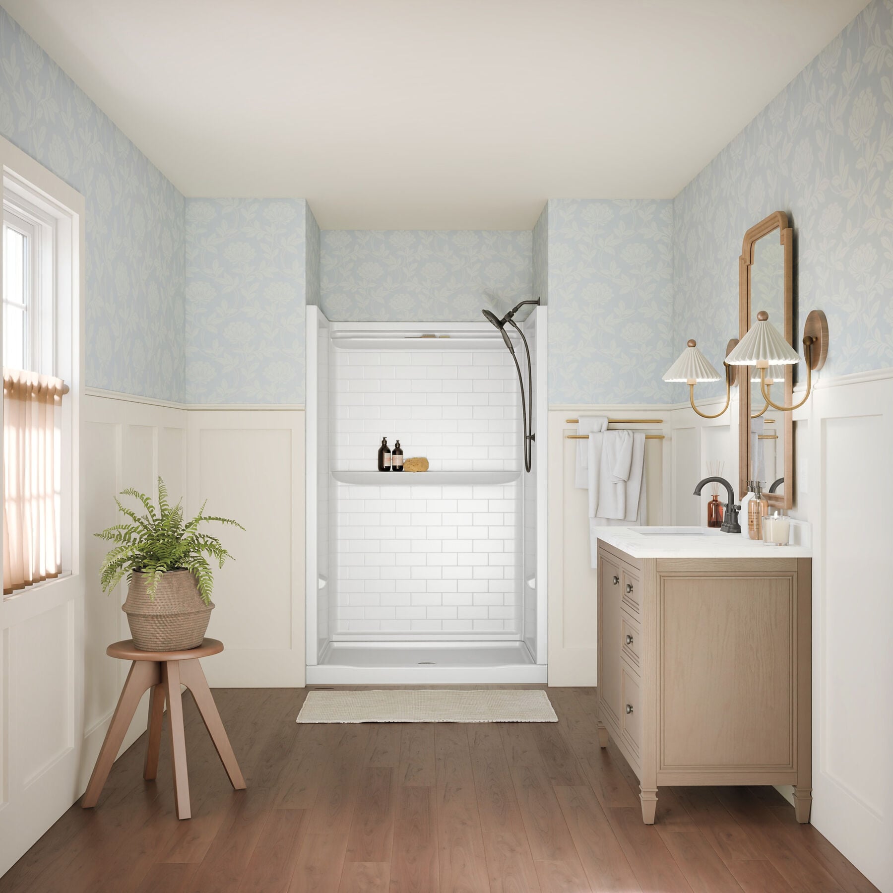 48x34 Alcove Shower Base with Tile Wall Bundle - Center Drain