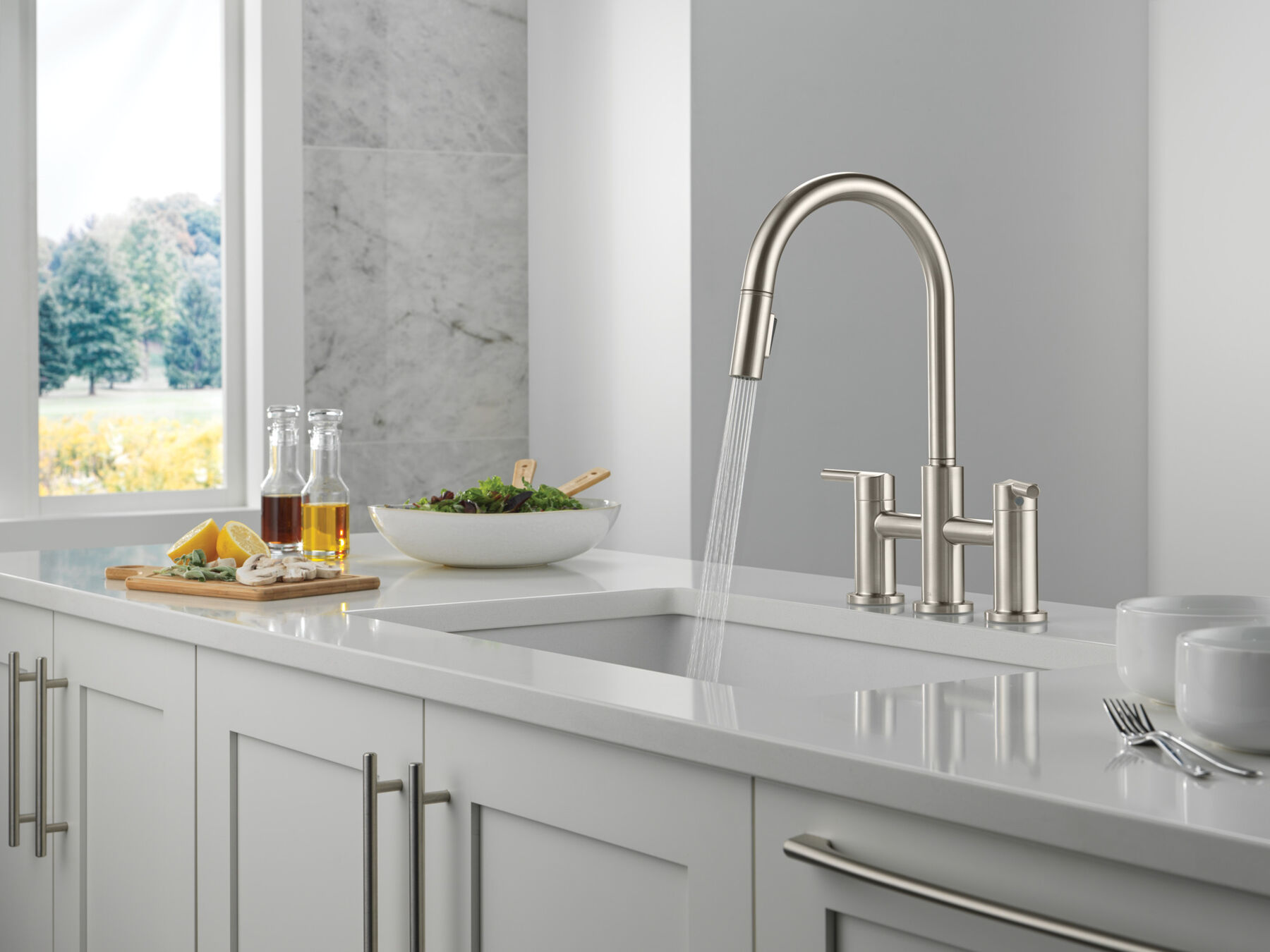 Two Handle Pull-Down Bridge Kitchen Faucet