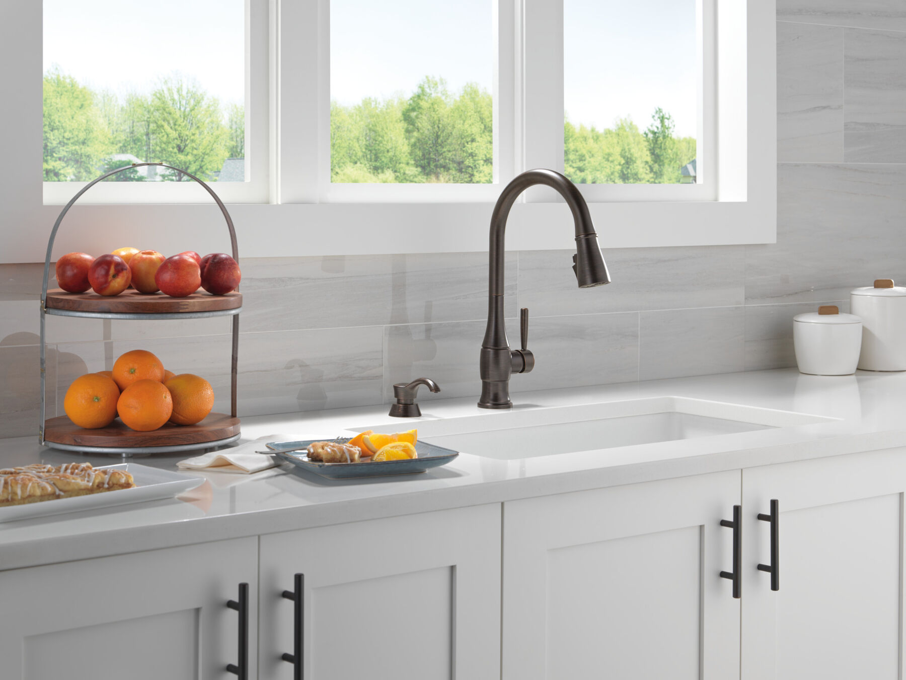 Single Handle Pull-Down Kitchen Faucet with Soap Dispenser and ShieldSpray Technology