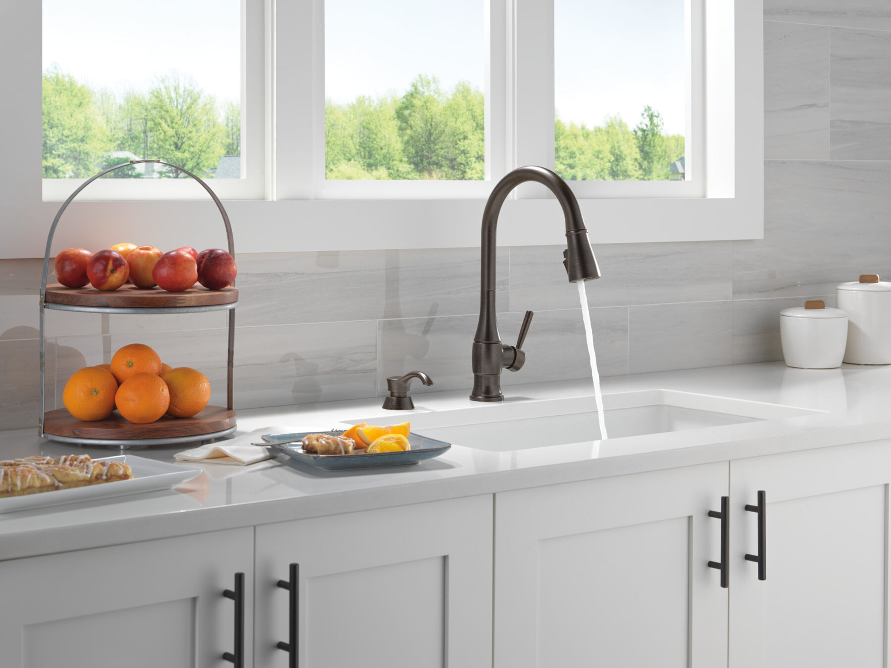 Single Handle Pull-Down Kitchen Faucet with Soap Dispenser and ShieldSpray Technology