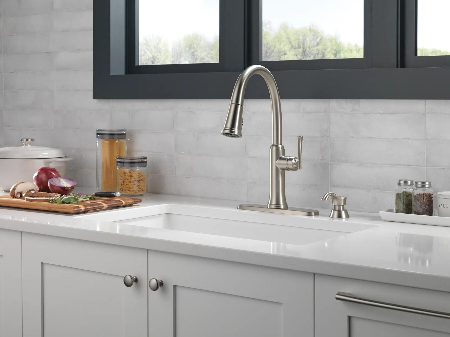 Single Handle Pull-Down Kitchen Faucet with Soap Dispenser and ShieldSpray Technology