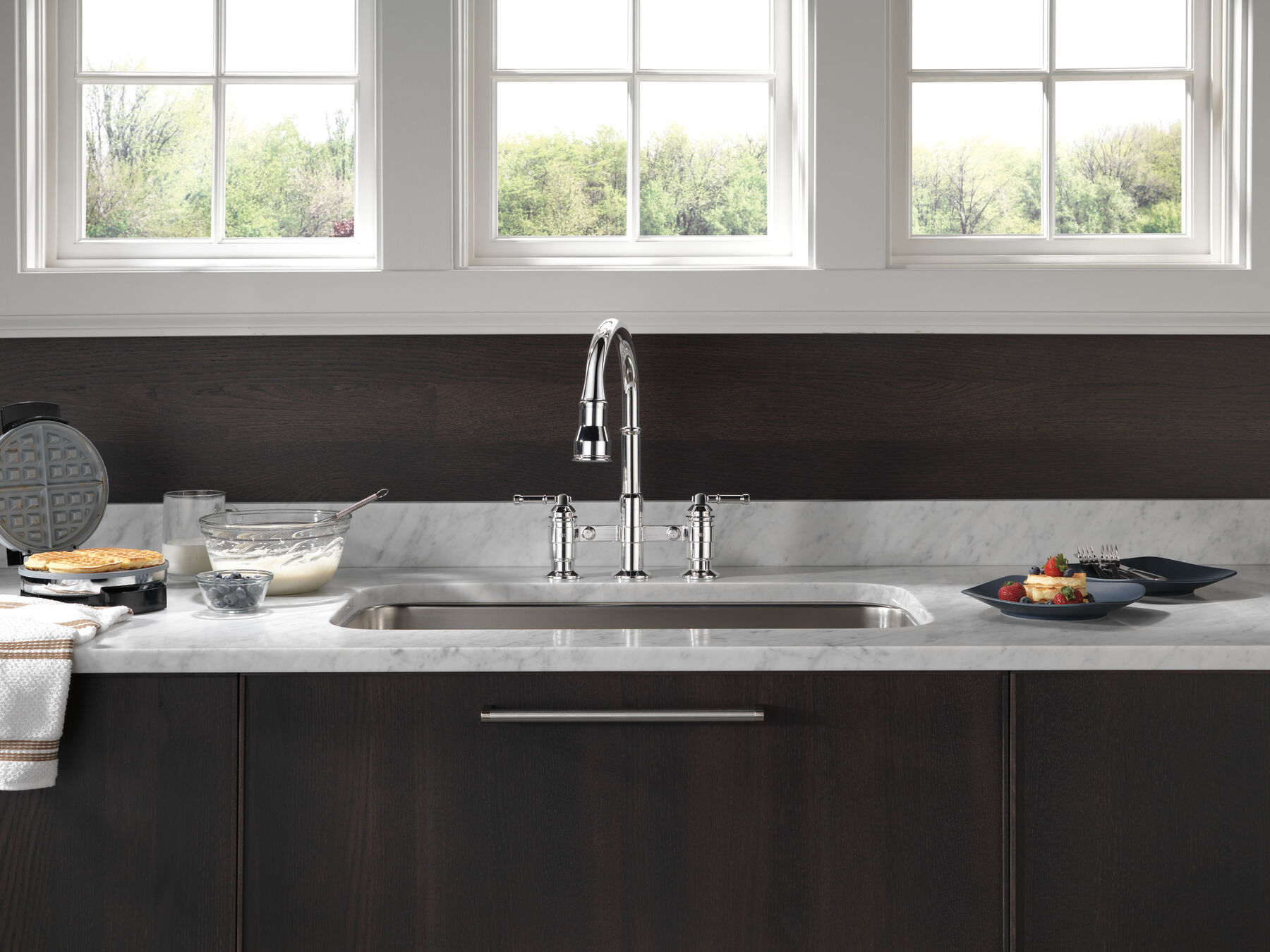 Two Handle Pull-Down Bridge Kitchen Faucet