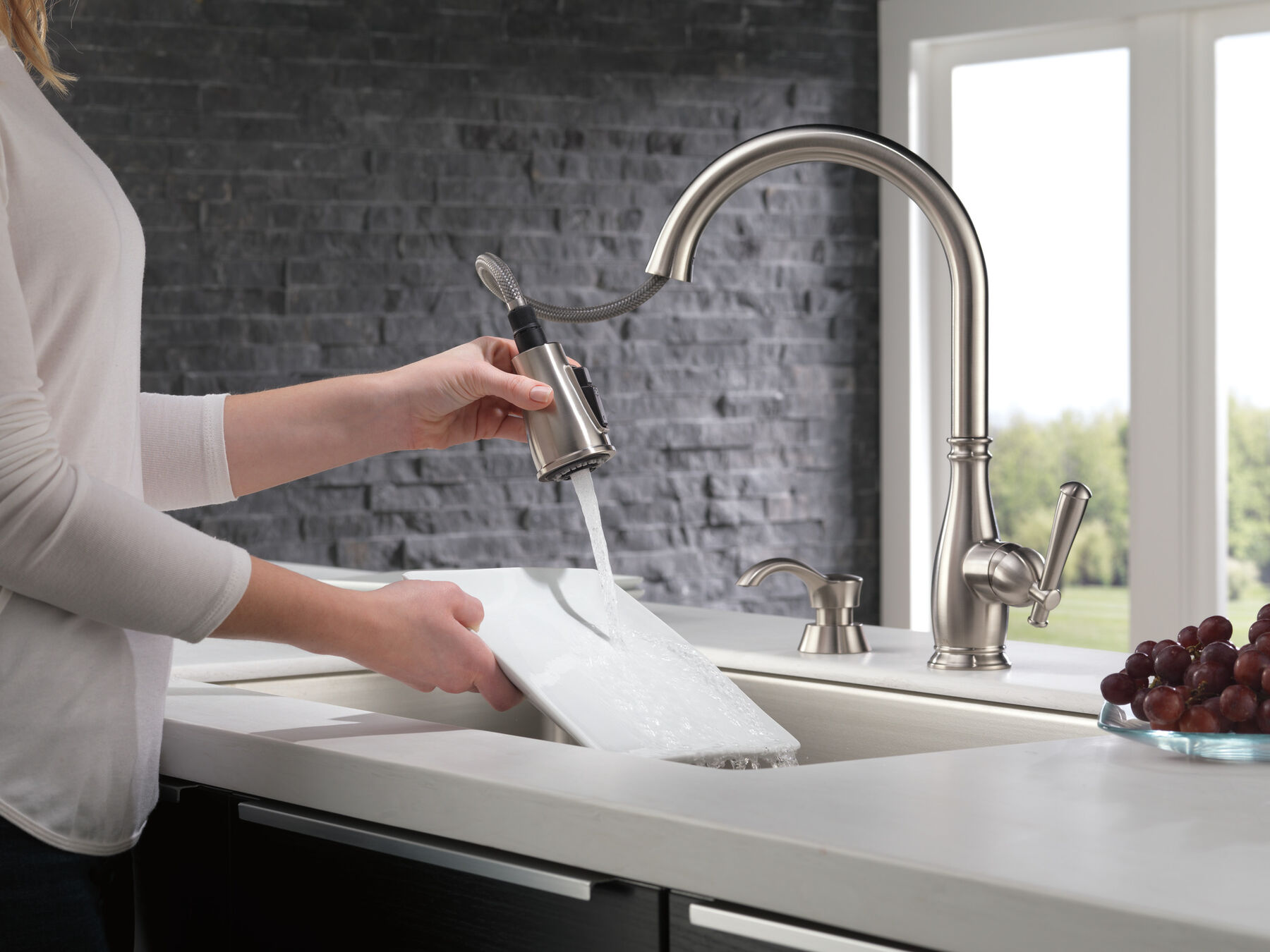 Single Handle Pull-Down Kitchen Faucet with Soap Dispenser and ShieldSpray