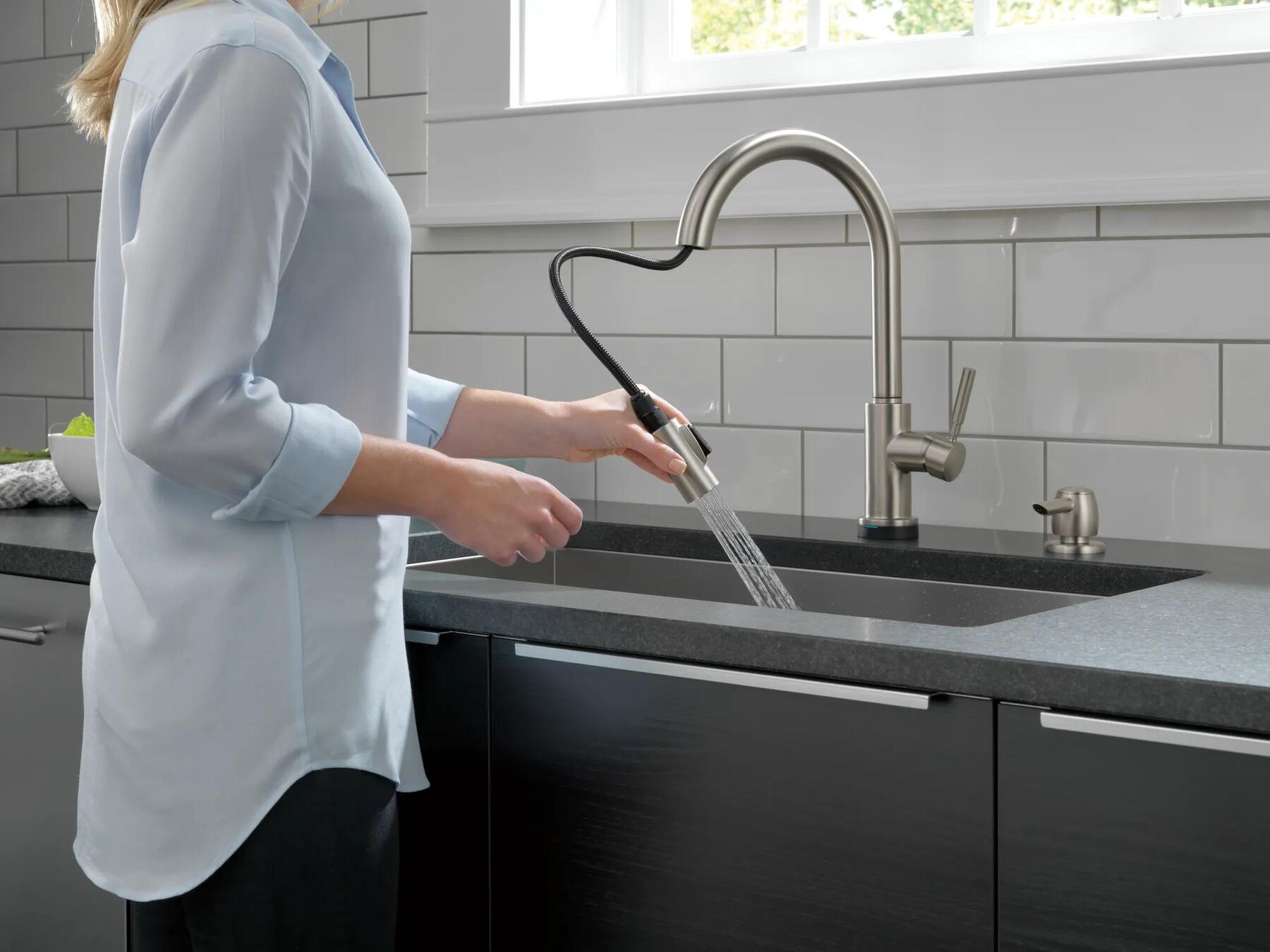 Single Handle Pull-Down Kitchen Faucet with Touch<sub>2</sub>O&reg; Technology Technology and Soap Dispenser