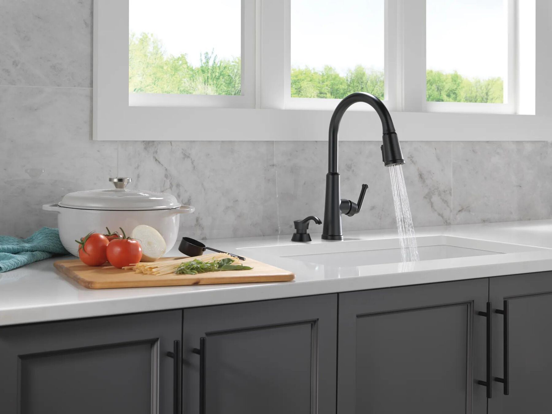 Single Handle Pull-Down Kitchen Faucet with Soap Dispenser and ShieldSpray&reg; Technology (Recertified)