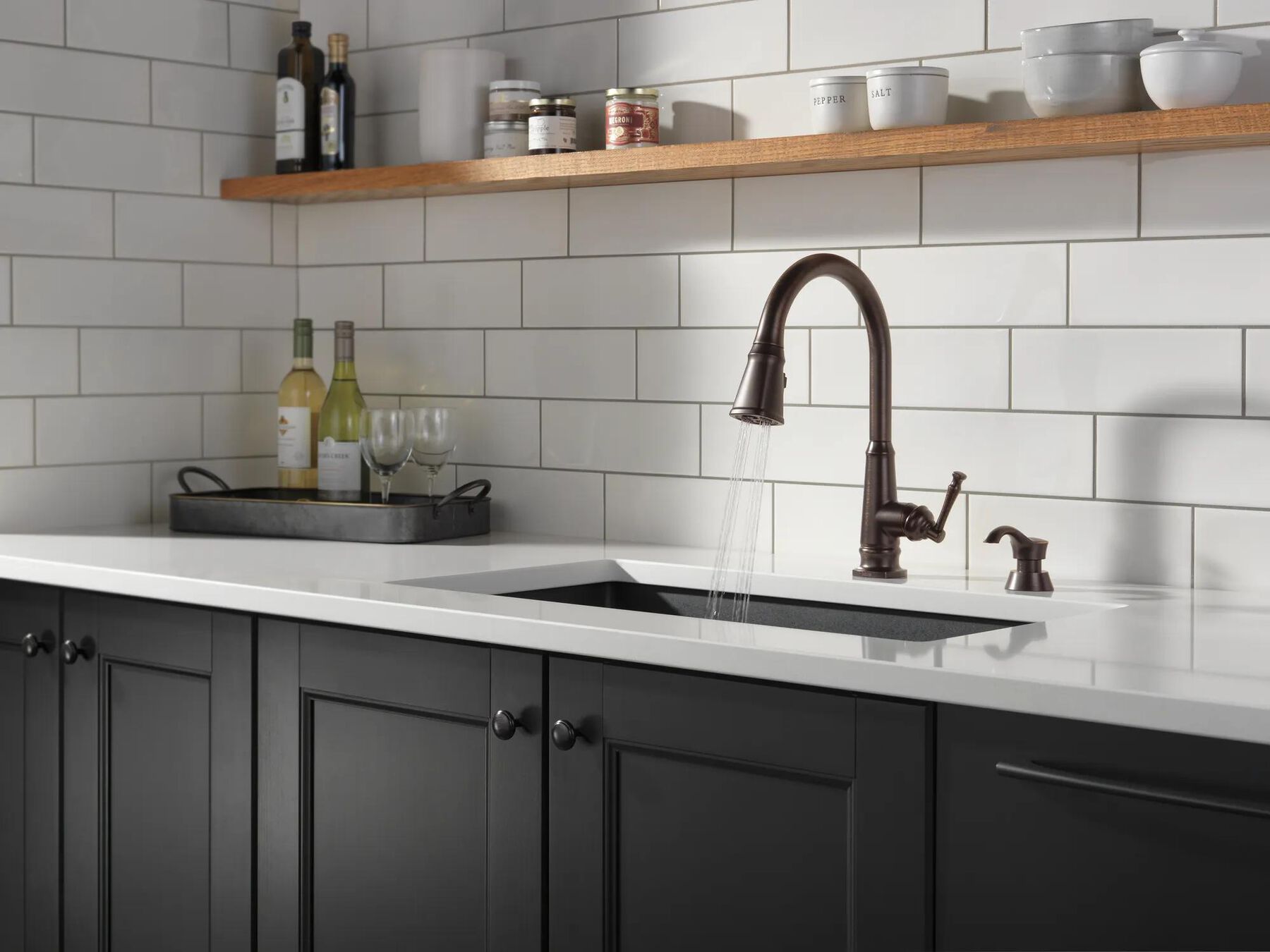 Single Handle Pull-Down Kitchen Faucet with Soap Dispenser and ShieldSpray Technology