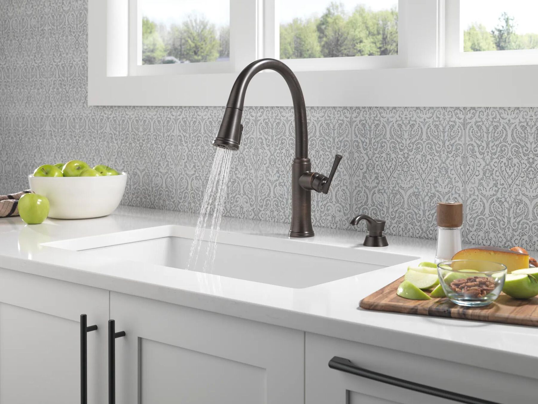 Single Handle Pull-Down Kitchen Faucet with Soap Dispenser and ShieldSpray Technology