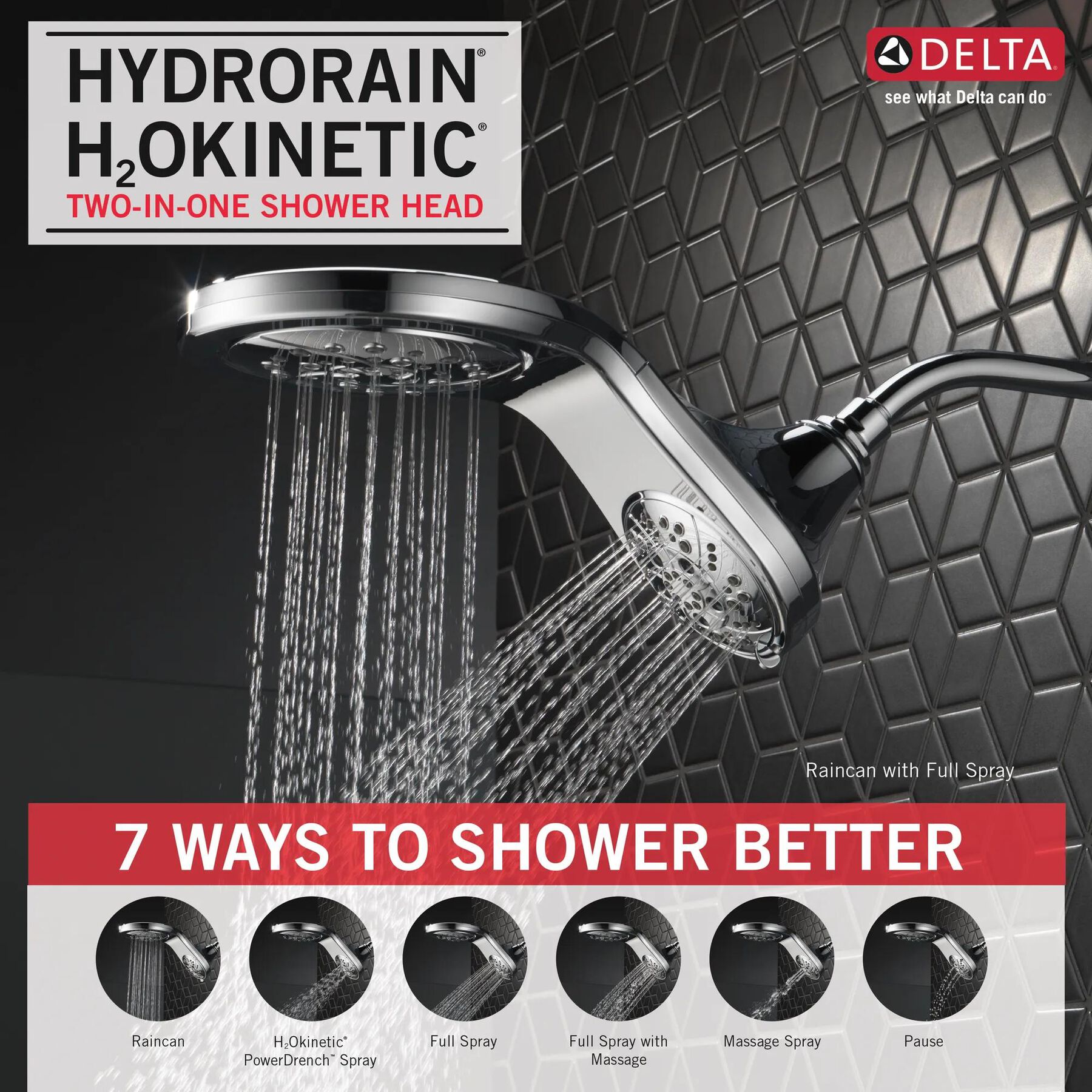 HydroRain&reg; H<sub>2</sub>Okinetic&reg; In2ition&reg; 5-Setting Two-in-One Shower
