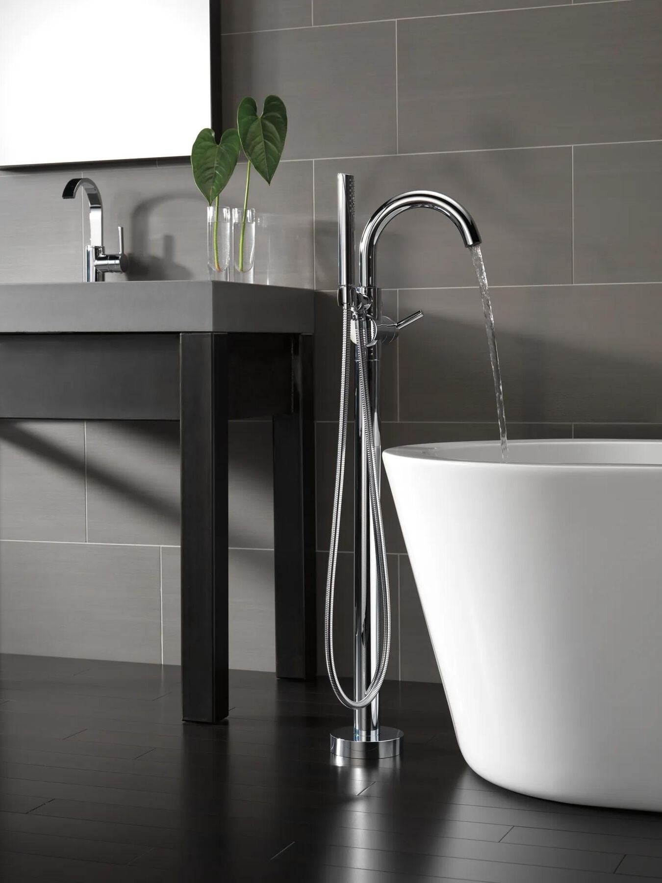 Contemporary Single Handle Floor Mount Tub Filler with Hand Shower
