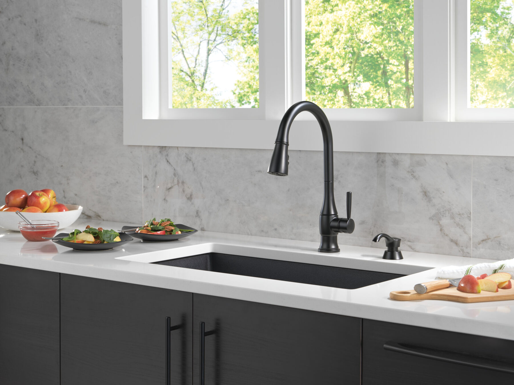 Single Handle Pull-Down Kitchen Faucet with Soap Dispenser and ShieldSpray Technology