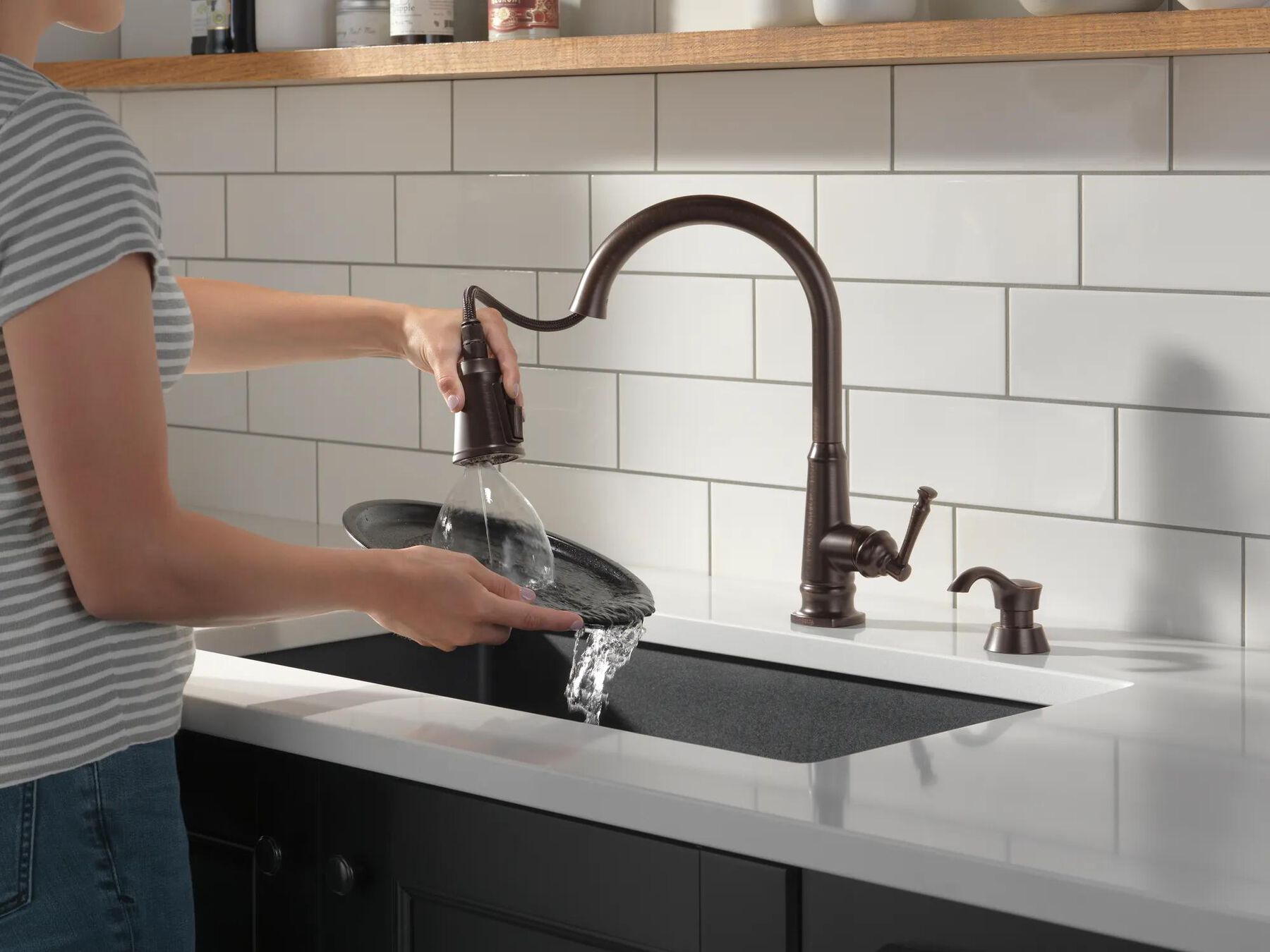 Single Handle Pull-Down Kitchen Faucet with Soap Dispenser and ShieldSpray Technology
