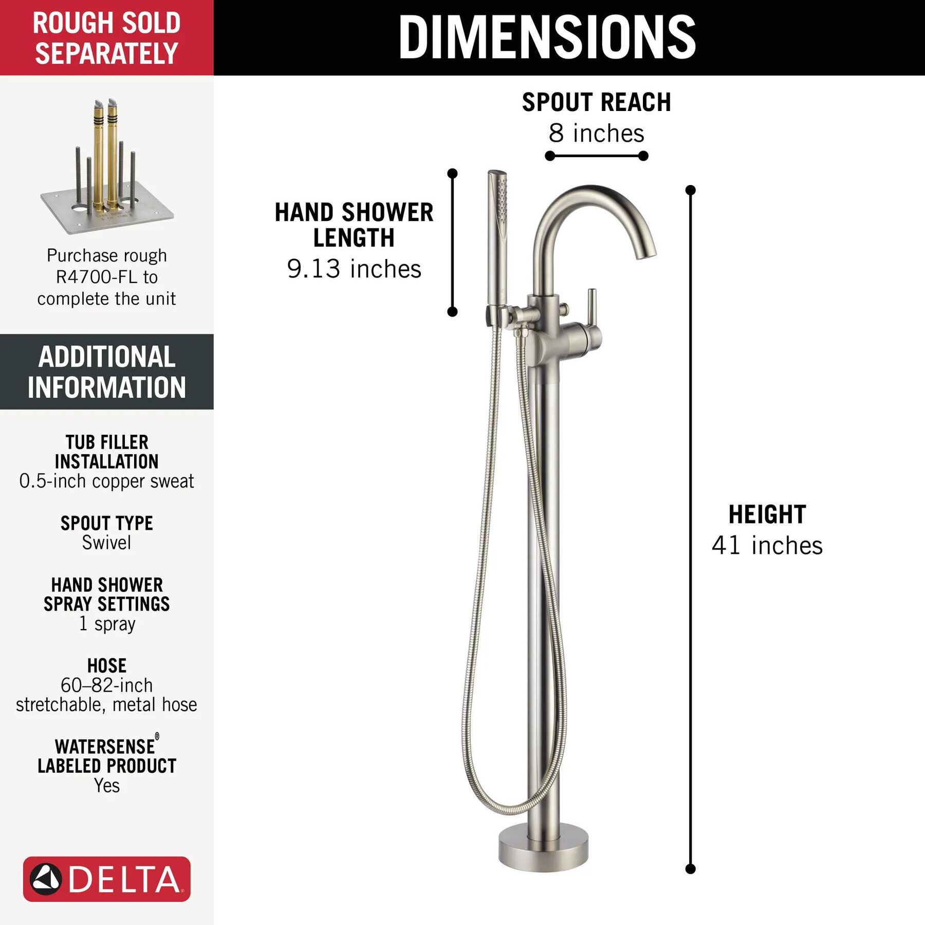 Single Handle Floor Mount Tub Filler Trim with Hand Shower