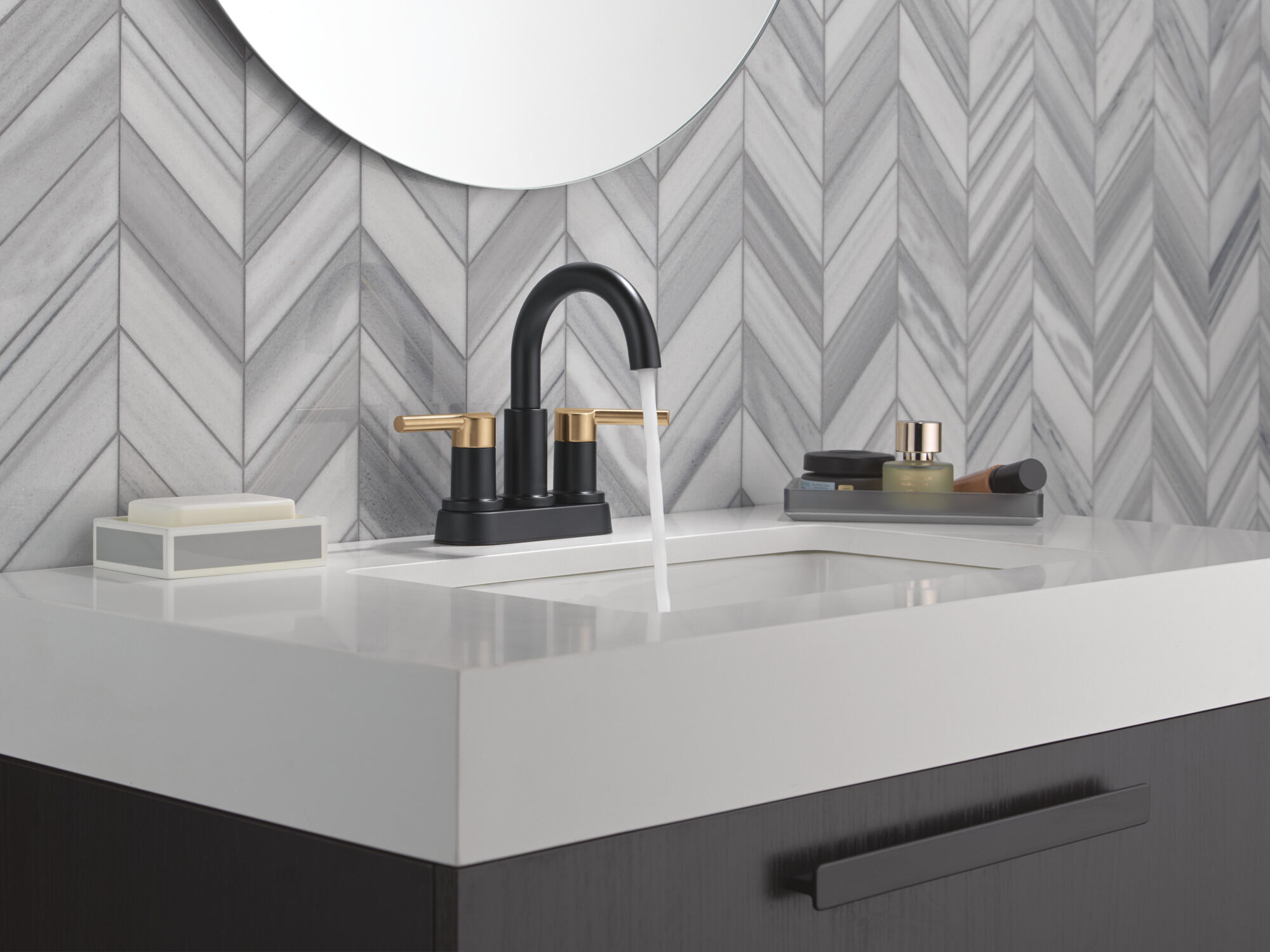 Two Handle Centerset Bathroom Faucet in Matte Black / Champagne