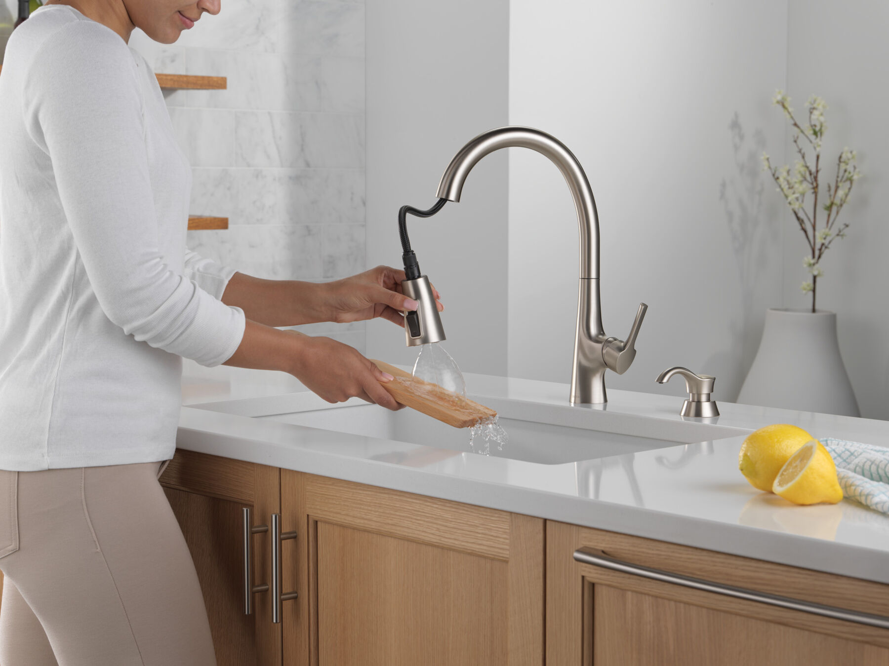 Single Handle Pull-Down Kitchen Faucet with Soap Dispenser and ShieldSpray Technology