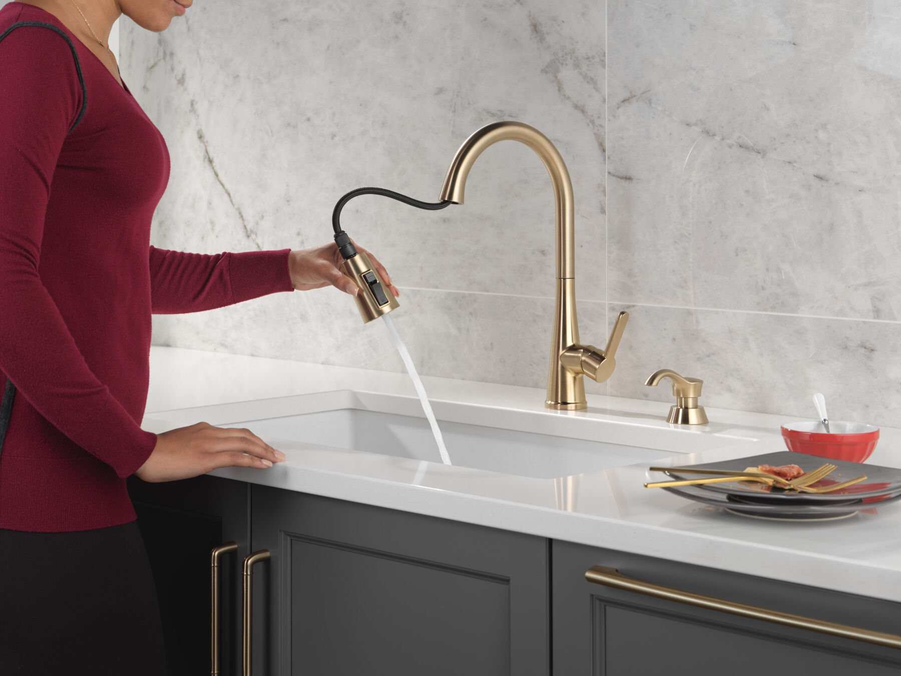 Single Handle Pull-Down Kitchen Faucet with Soap Dispenser and ShieldSpray&reg; Technology