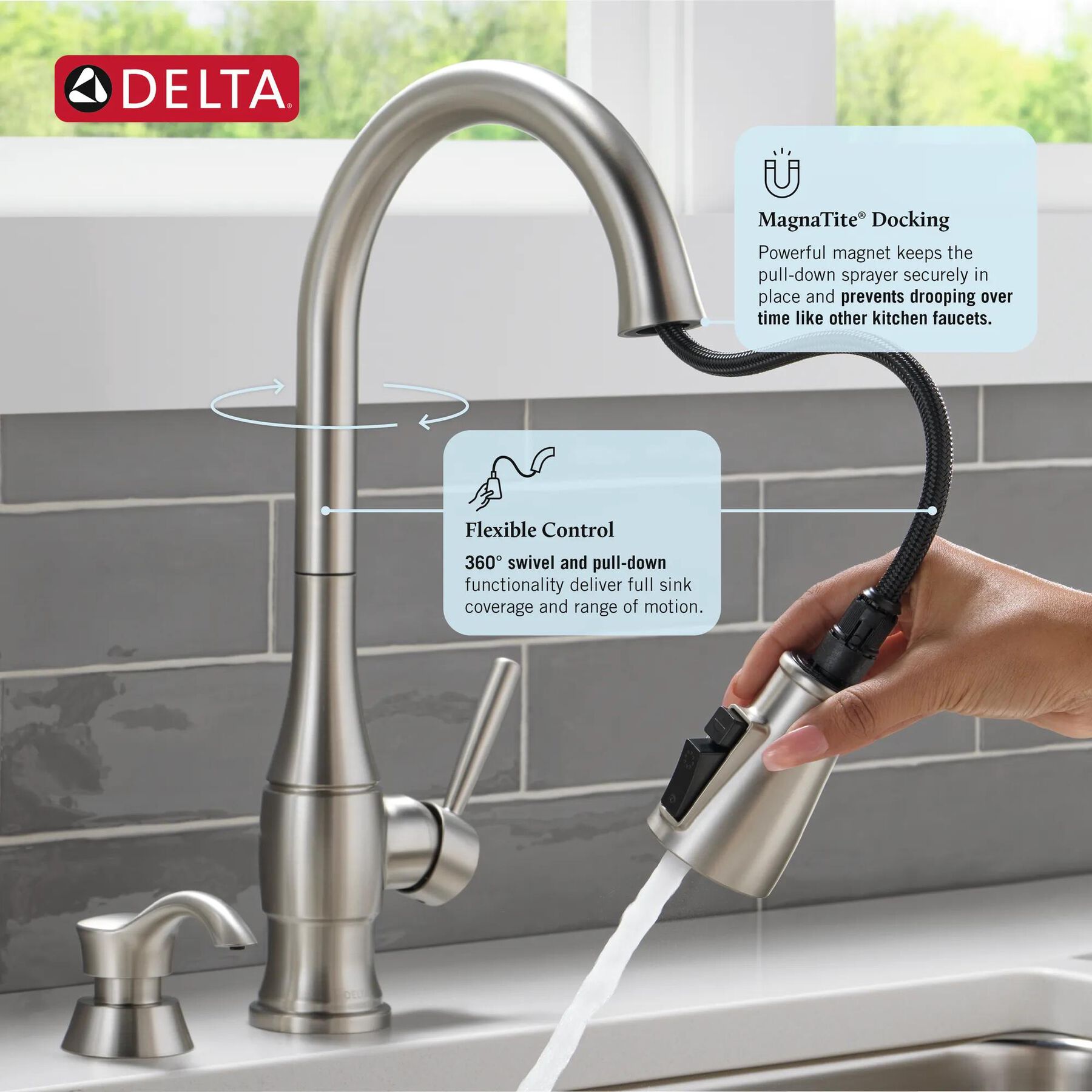 Single Handle Pull-Down Kitchen Faucet with Soap Dispenser and ShieldSpray&reg; Technology