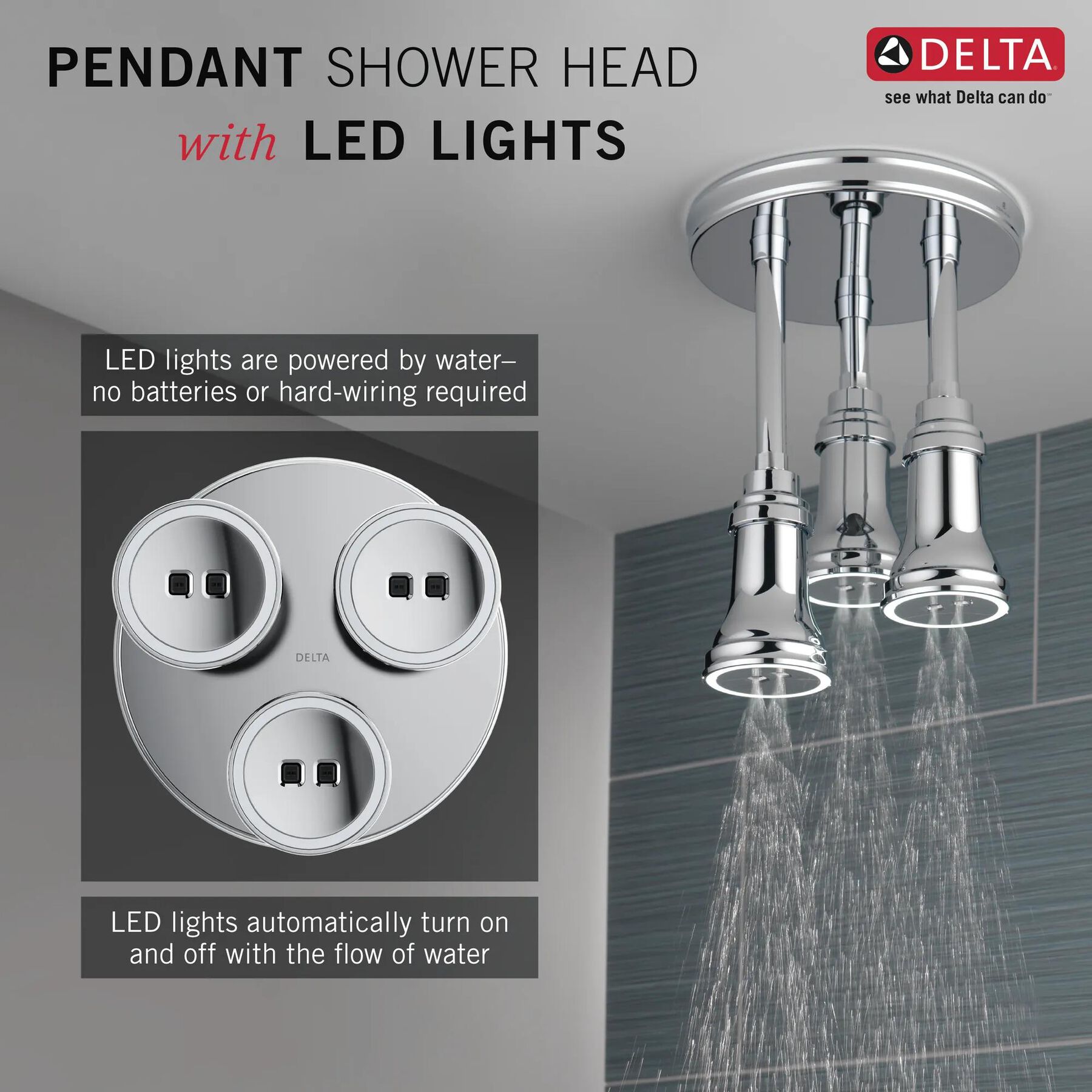 H<sub>2</sub>Okinetic&reg; Pendant Raincan Shower Head with LED Light