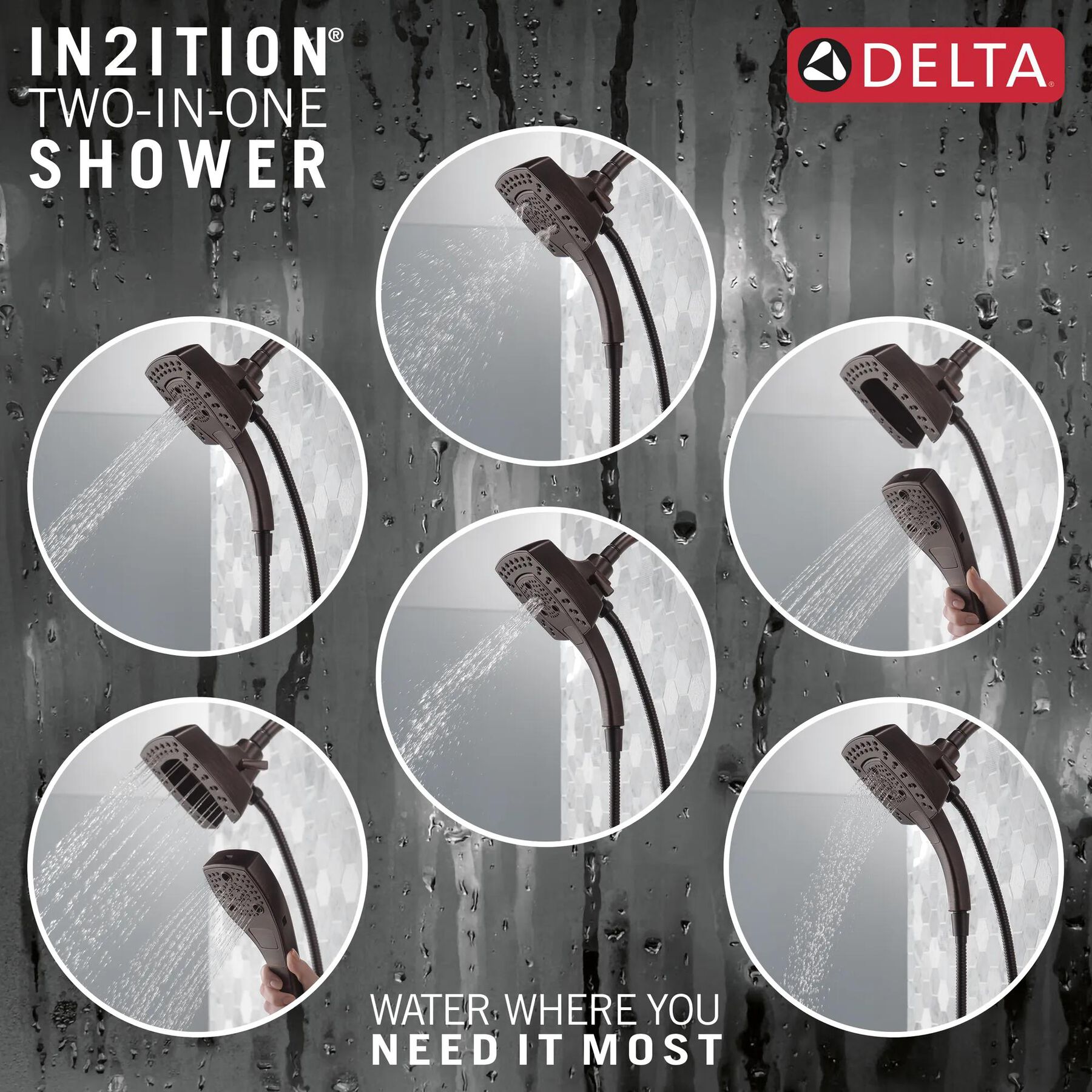 H<sub>2</sub>Okinetic&reg; In2ition&reg; 5-Setting Two-in-One Shower