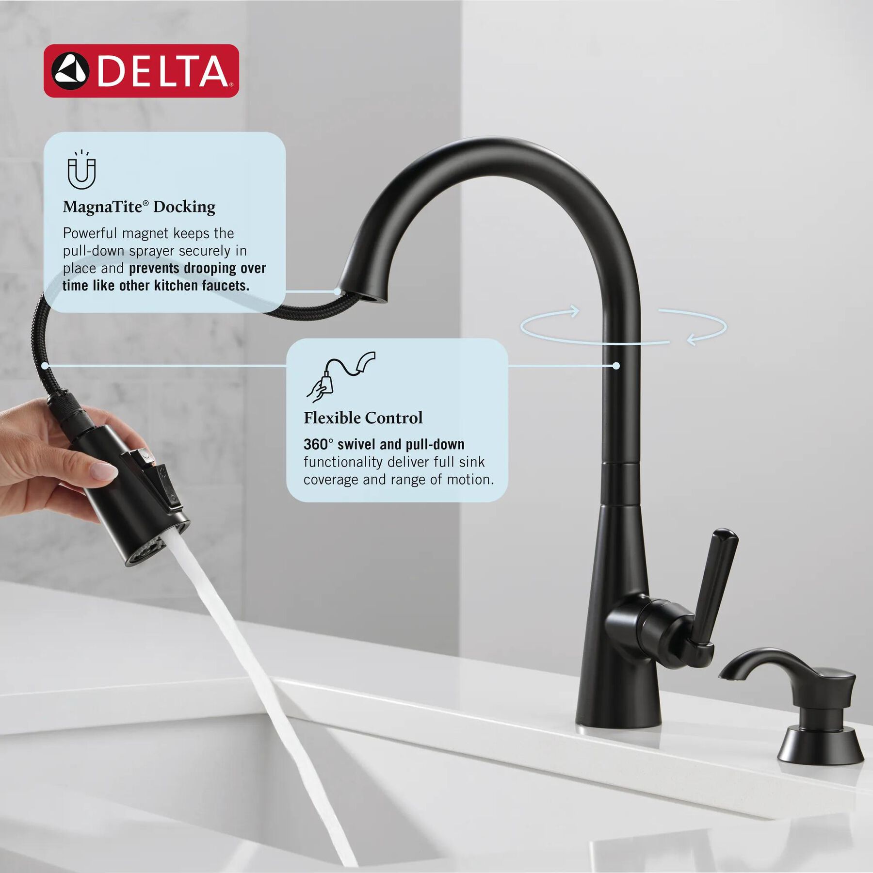 Single Handle Pull-Down Kitchen Faucet with Soap Dispenser and ShieldSpray&reg; Technology