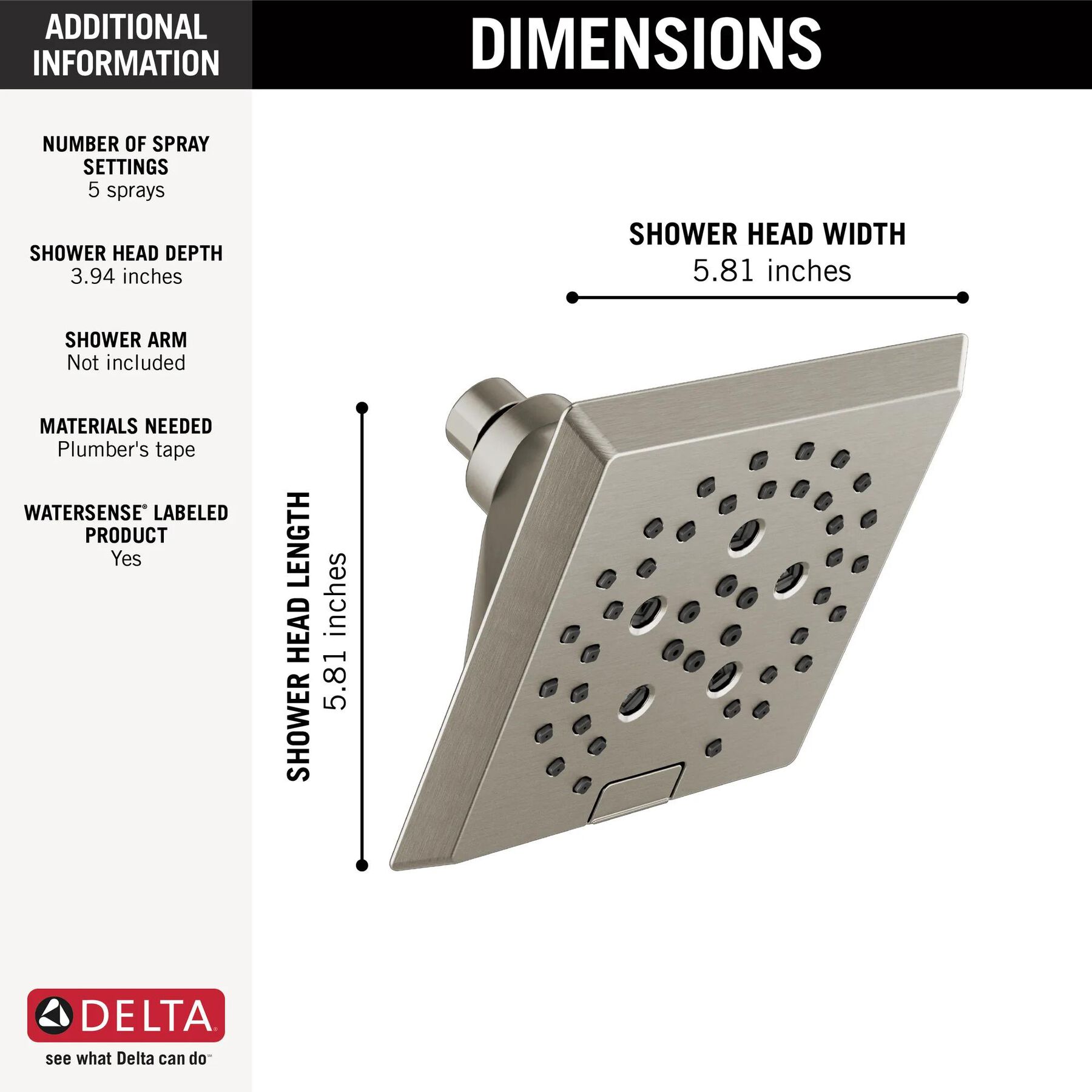 H<sub>2</sub>Okinetic&reg; 5-Setting Angular Modern Raincan Shower Head (Recertified)