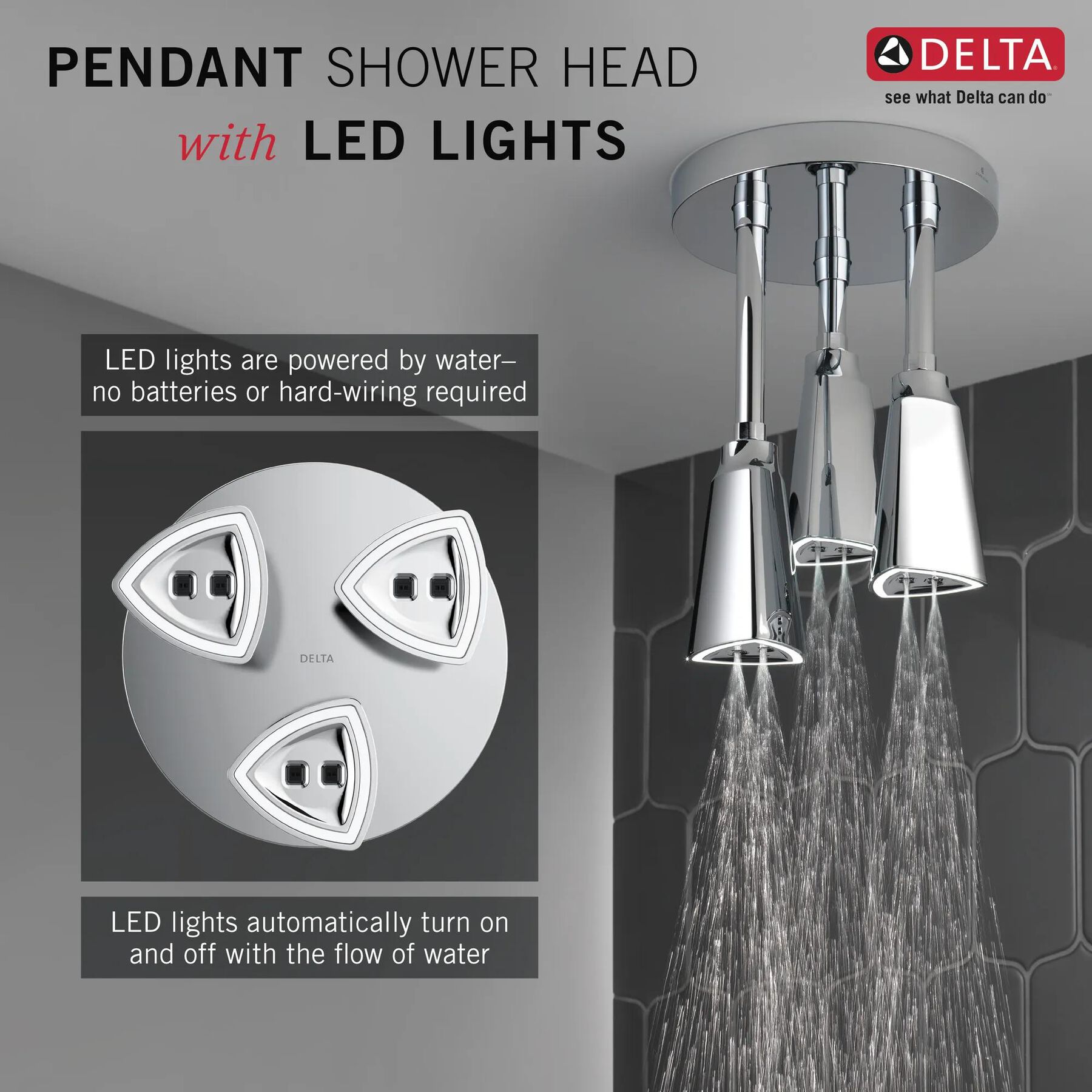 H<sub>2</sub>Okinetic&reg; Pendant Raincan Shower Head with LED Light
