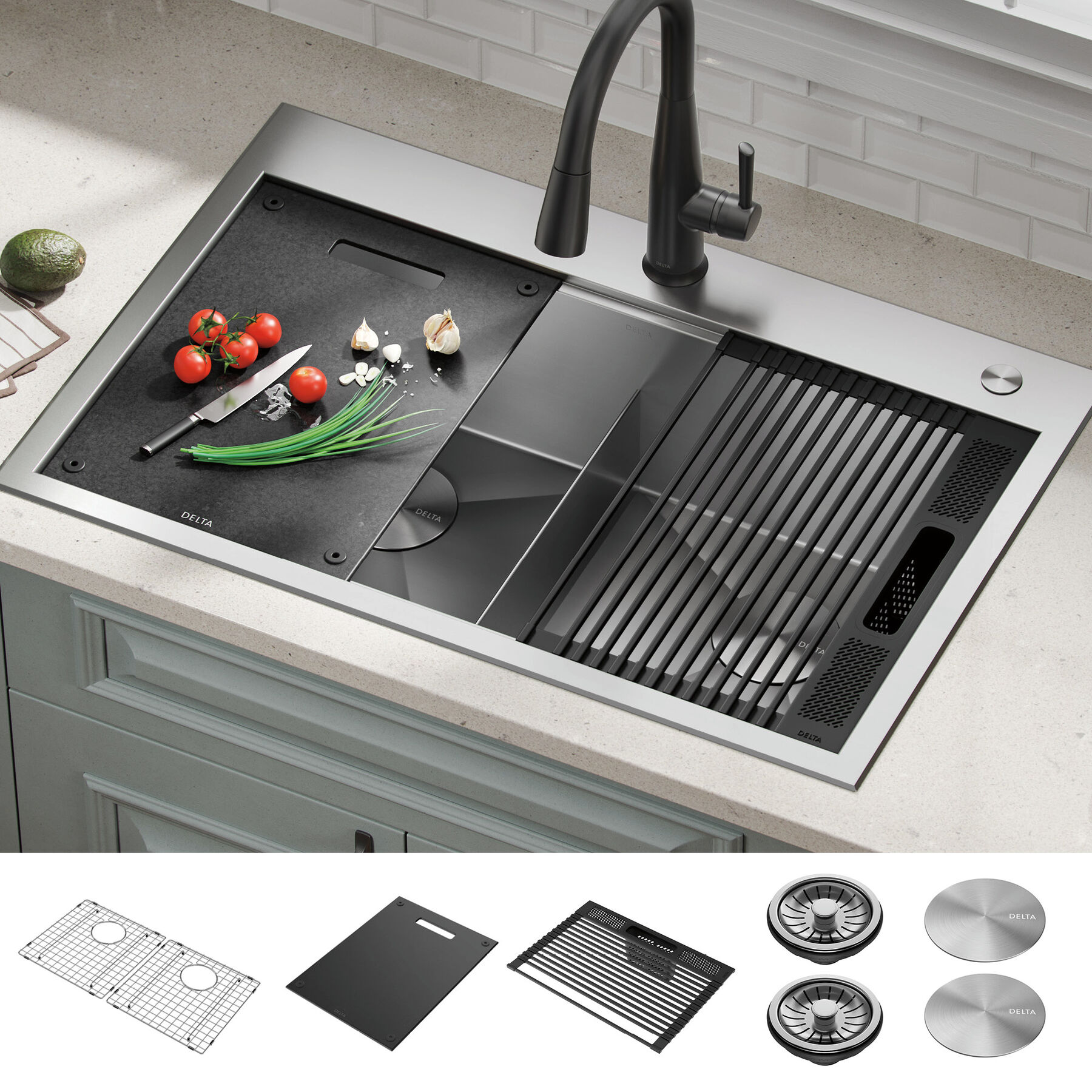 33&rdquo; Workstation Kitchen Sink&nbsp;Drop-In Top Mount&nbsp;16 Gauge&nbsp;Stainless Steel 50/50 Double Bowl with&nbsp;WorkFlow&trade; Ledge&nbsp;and Accessories