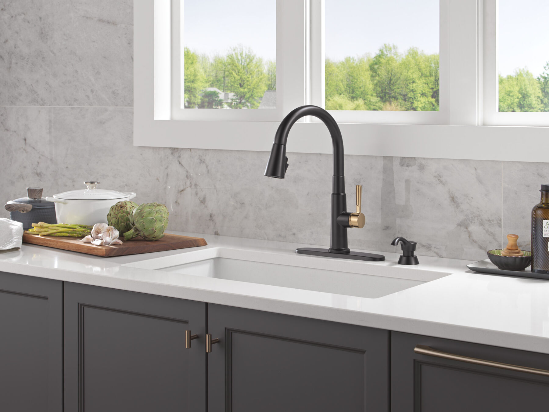 Single Handle Pull-Down Kitchen Faucet with Soap Dispenser and ShieldSpray&reg; Technology