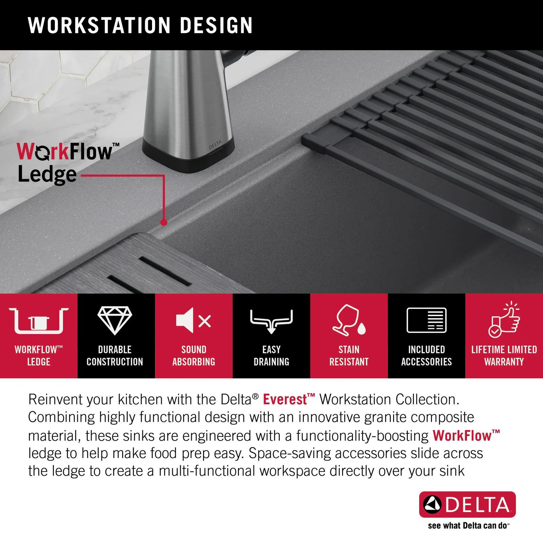 33&rdquo; Granite Composite Workstation Kitchen Sink Drop-In Top Mount Single Bowl with WorkFlow&trade; Ledge and Accessories in Dark Grey