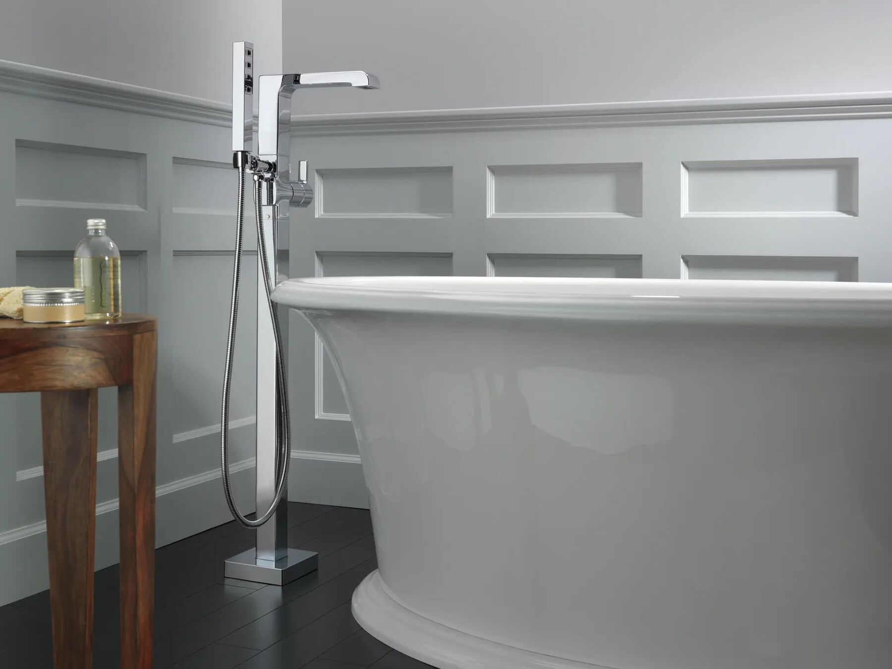 Single Handle Floor Mount Tub Filler Trim with Hand Shower