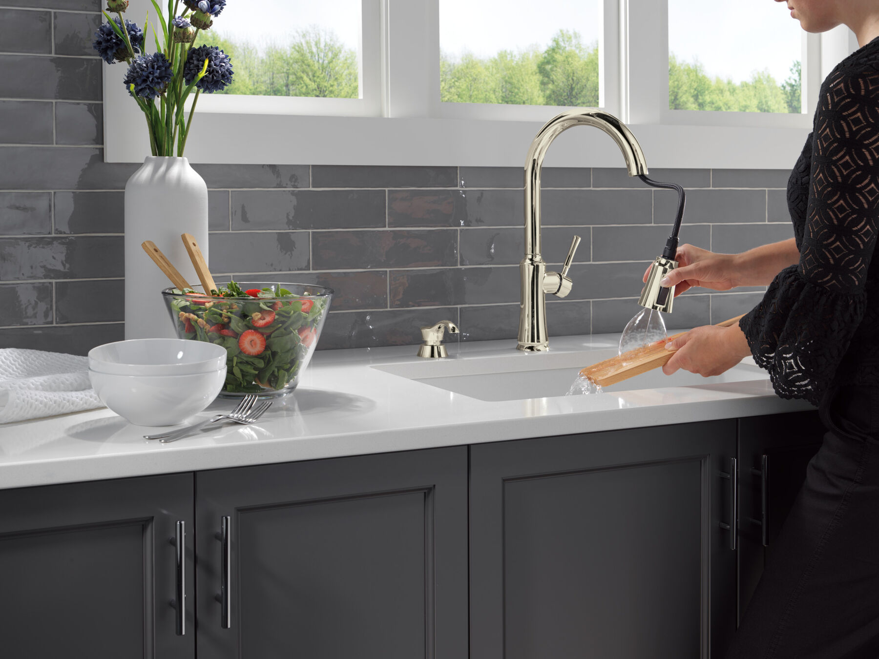 Single Handle Pull-Down Kitchen Faucet with Soap Dispenser and ShieldSpray Technology