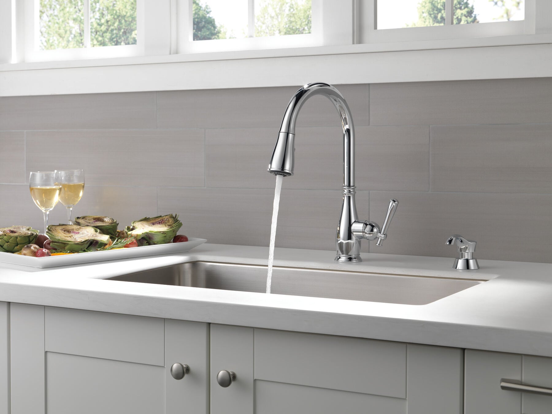 Single Handle Pull-Down Kitchen Faucet with Soap Dispenser and ShieldSpray