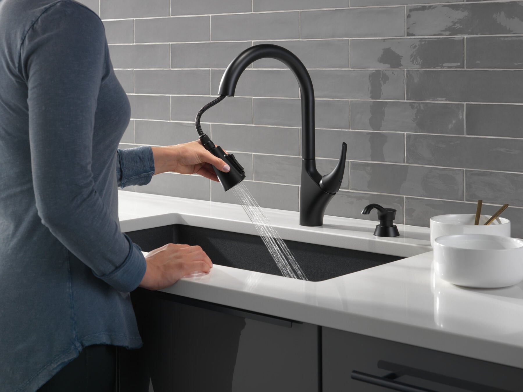 Single Handle Pull-Down Kitchen Faucet with Soap Dispenser and ShieldSpray Technology