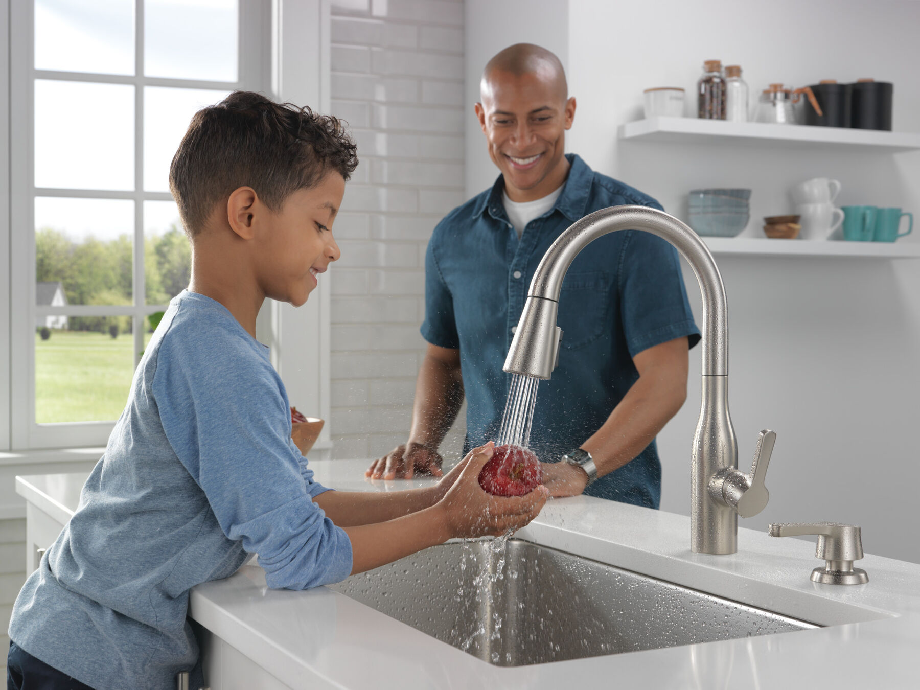 Single Handle Pull-Down Kitchen Faucet with Soap Dispenser and ShieldSpray&reg; Technology