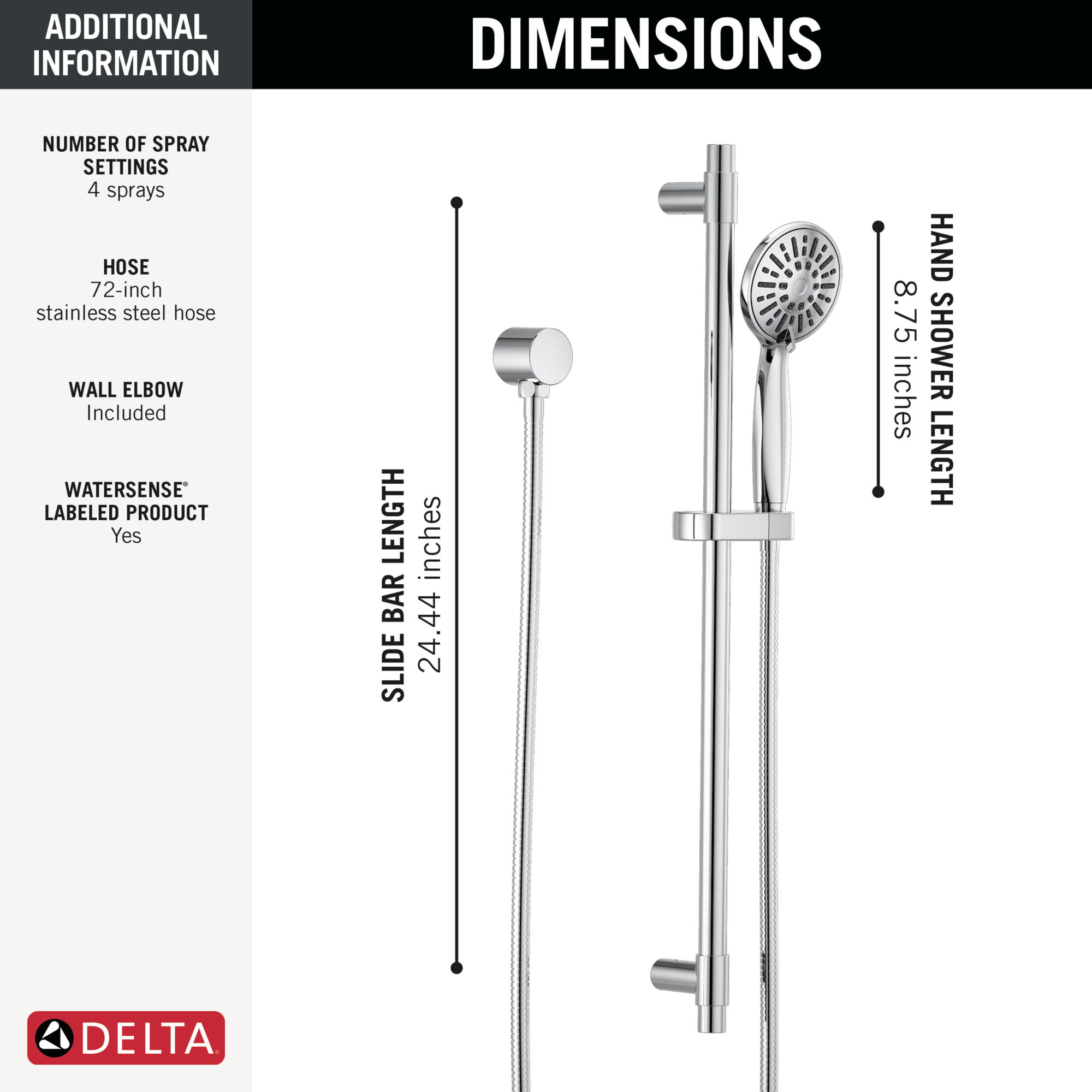 Hand Shower 1.75 GPM w/Slide Bar 4S in Chrome 51361 | Delta Faucet