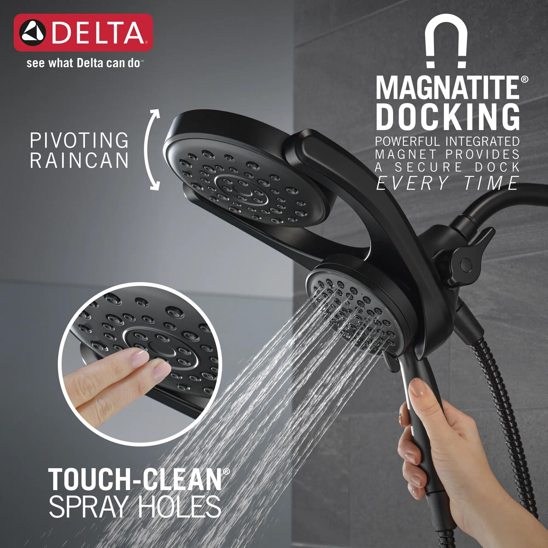 HydroRain&reg; 4-Setting Two-in-One Shower Head (Recertified)