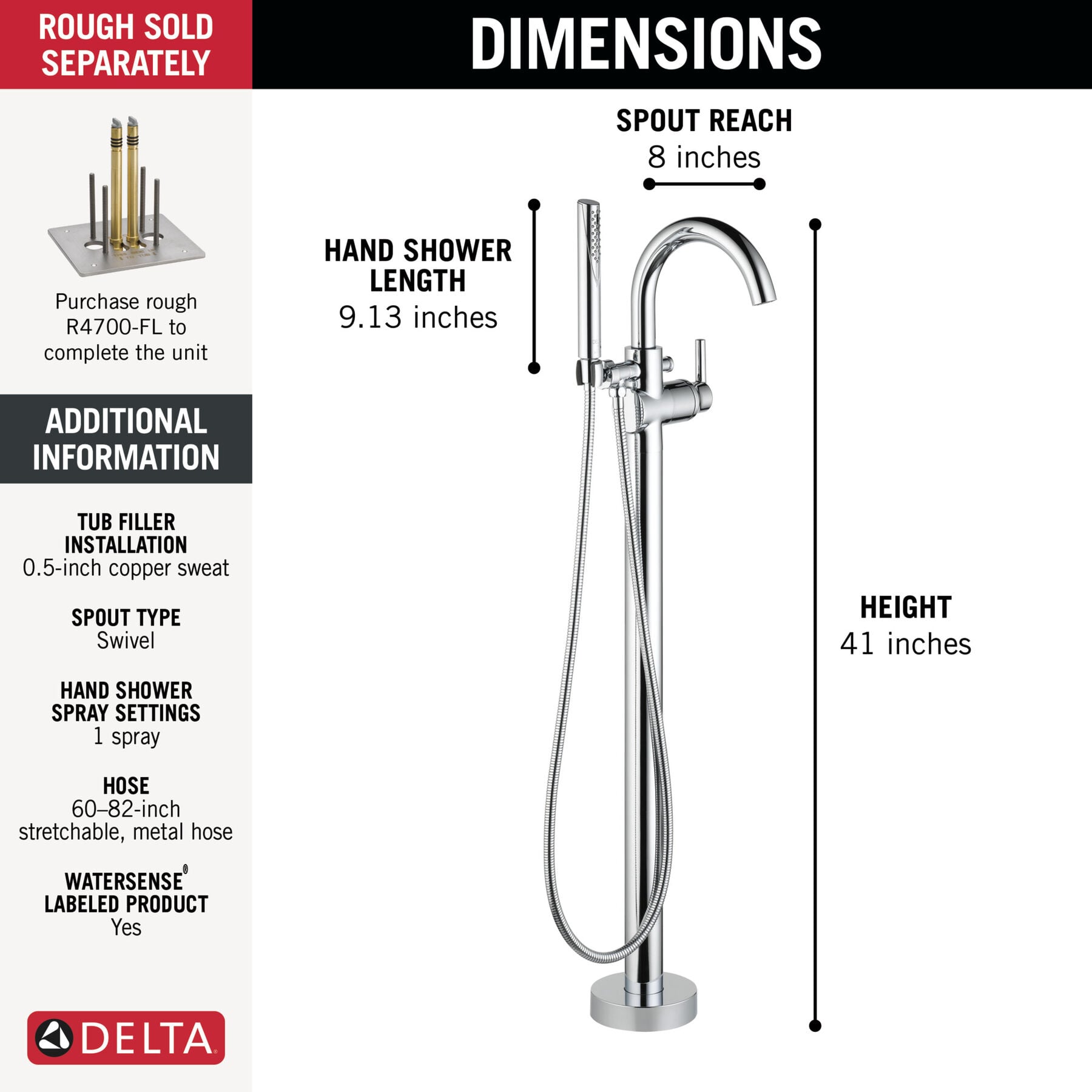 Single Handle Floor Mount Tub Filler Trim with Hand Shower