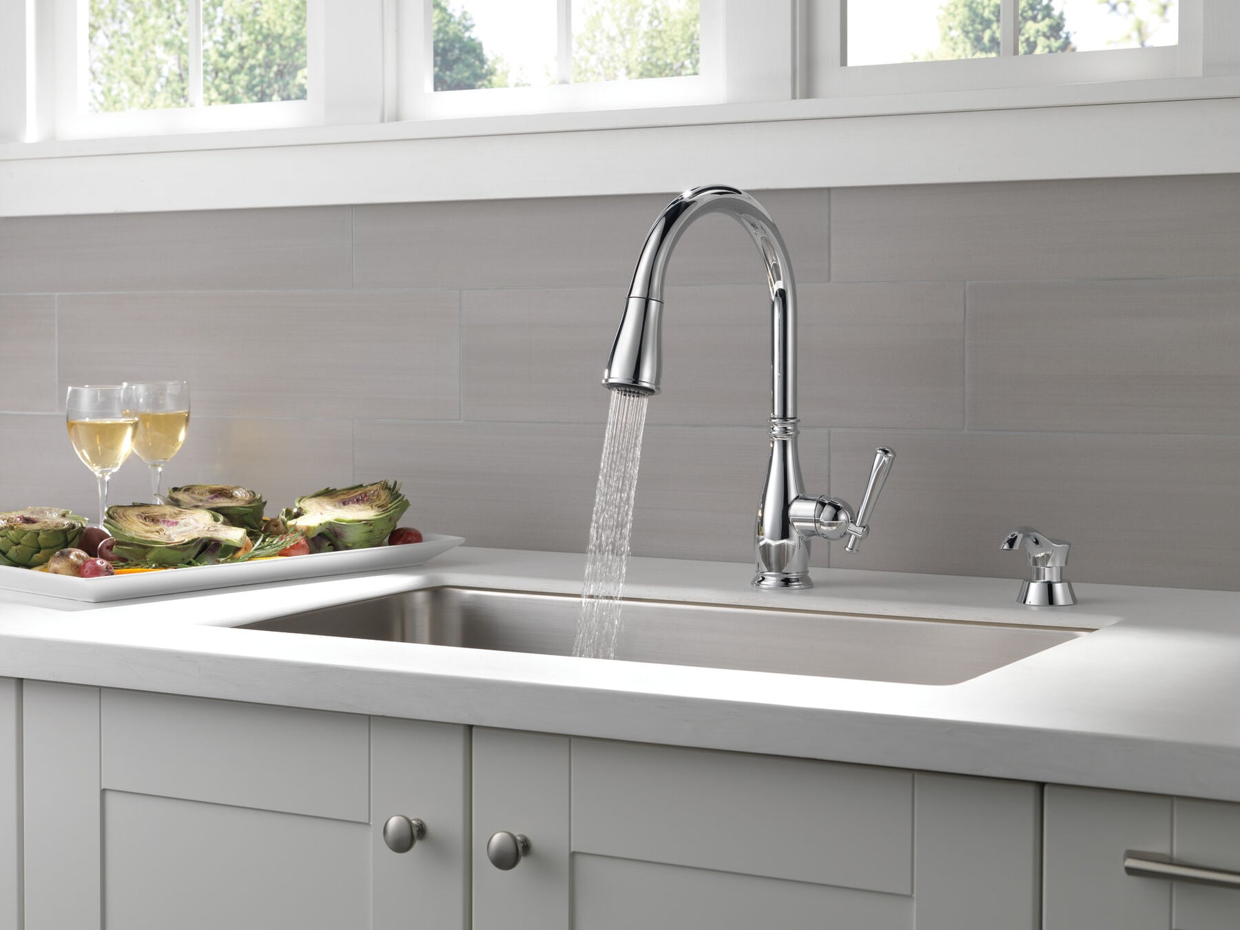 Single Handle Pull-Down Kitchen Faucet with Soap Dispenser and ShieldSpray