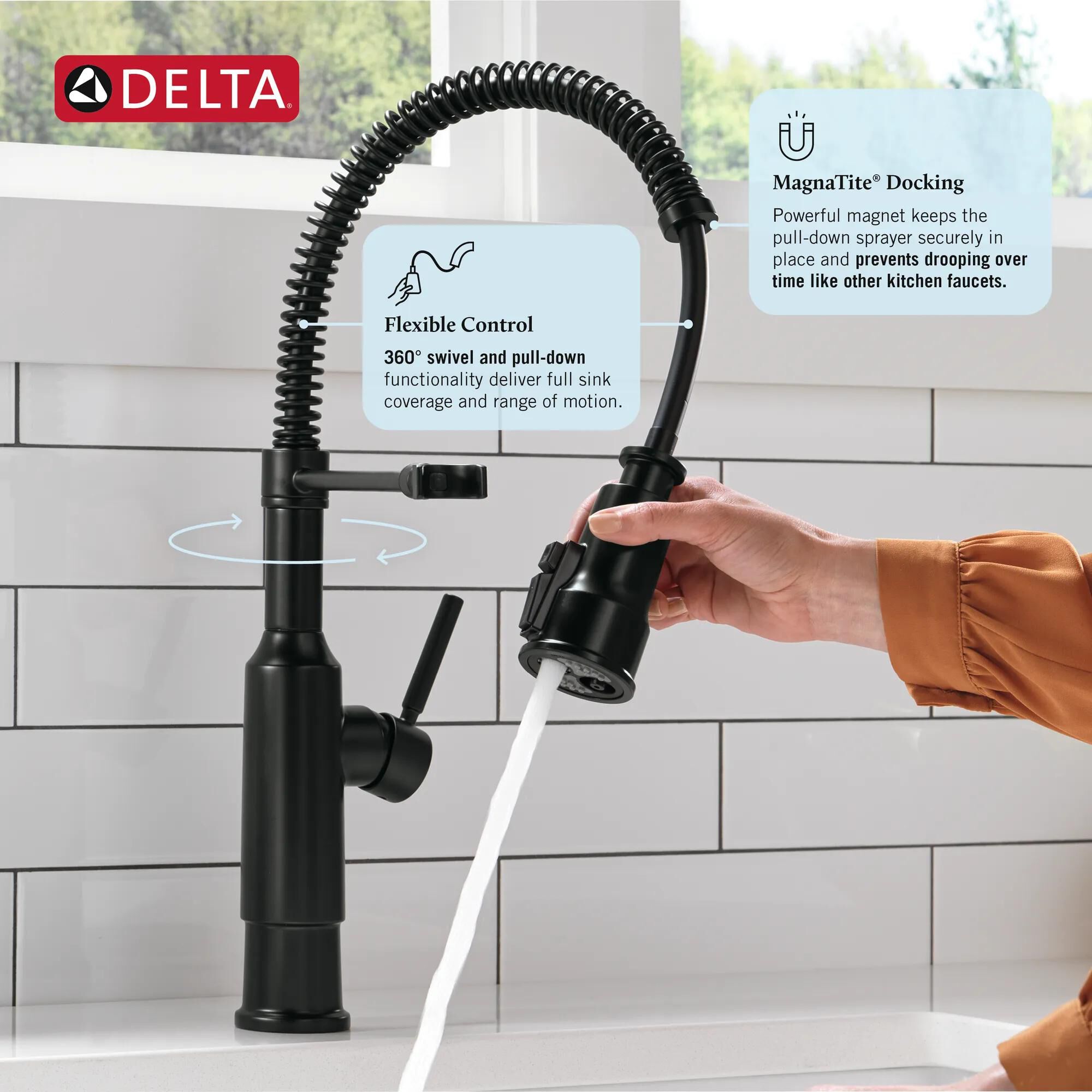 Single-Handle Pull-Down Spring Kitchen Faucet in Matte Black
