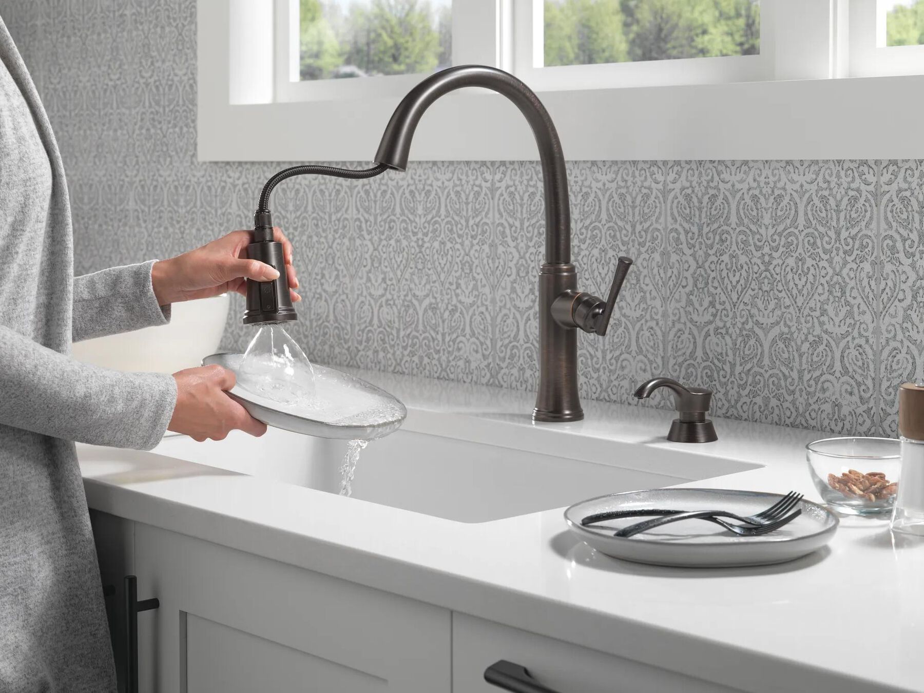 Single Handle Pull-Down Kitchen Faucet with Soap Dispenser and ShieldSpray Technology