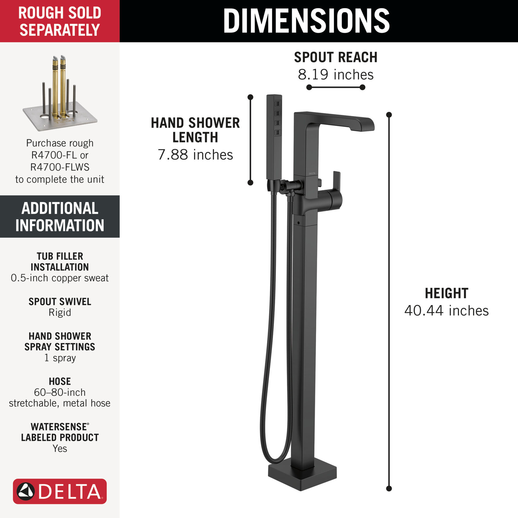 Single Handle Floor Mount Tub Filler Trim with Hand Shower
