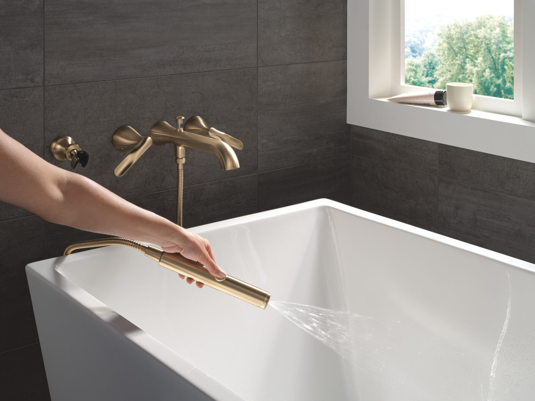 Two Handle Wall Mount Tub Filler Trim with Hand Shower