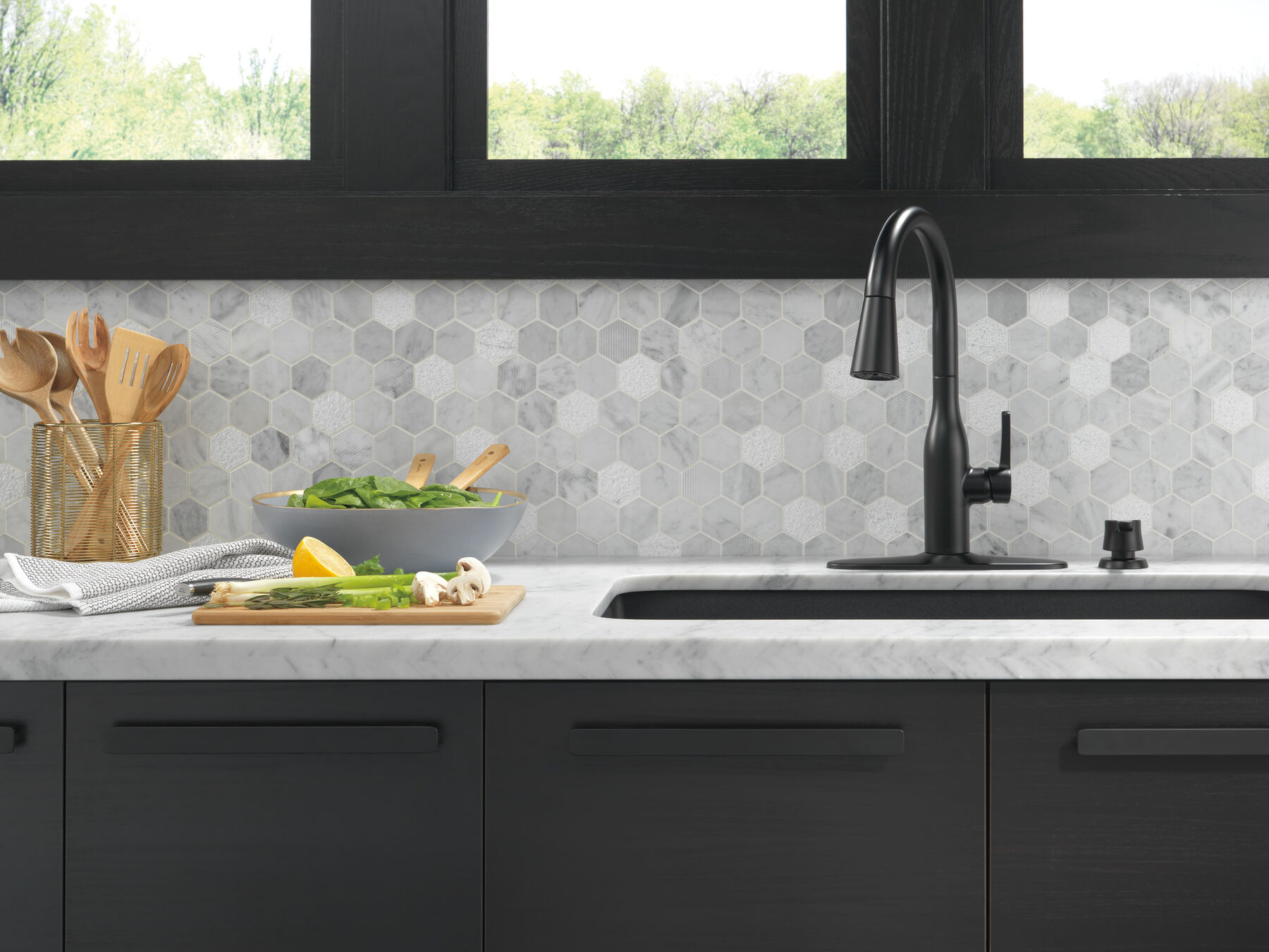 Single Handle Pull-Down Kitchen Faucet with Soap Dispenser and ShieldSpray&reg; Technology