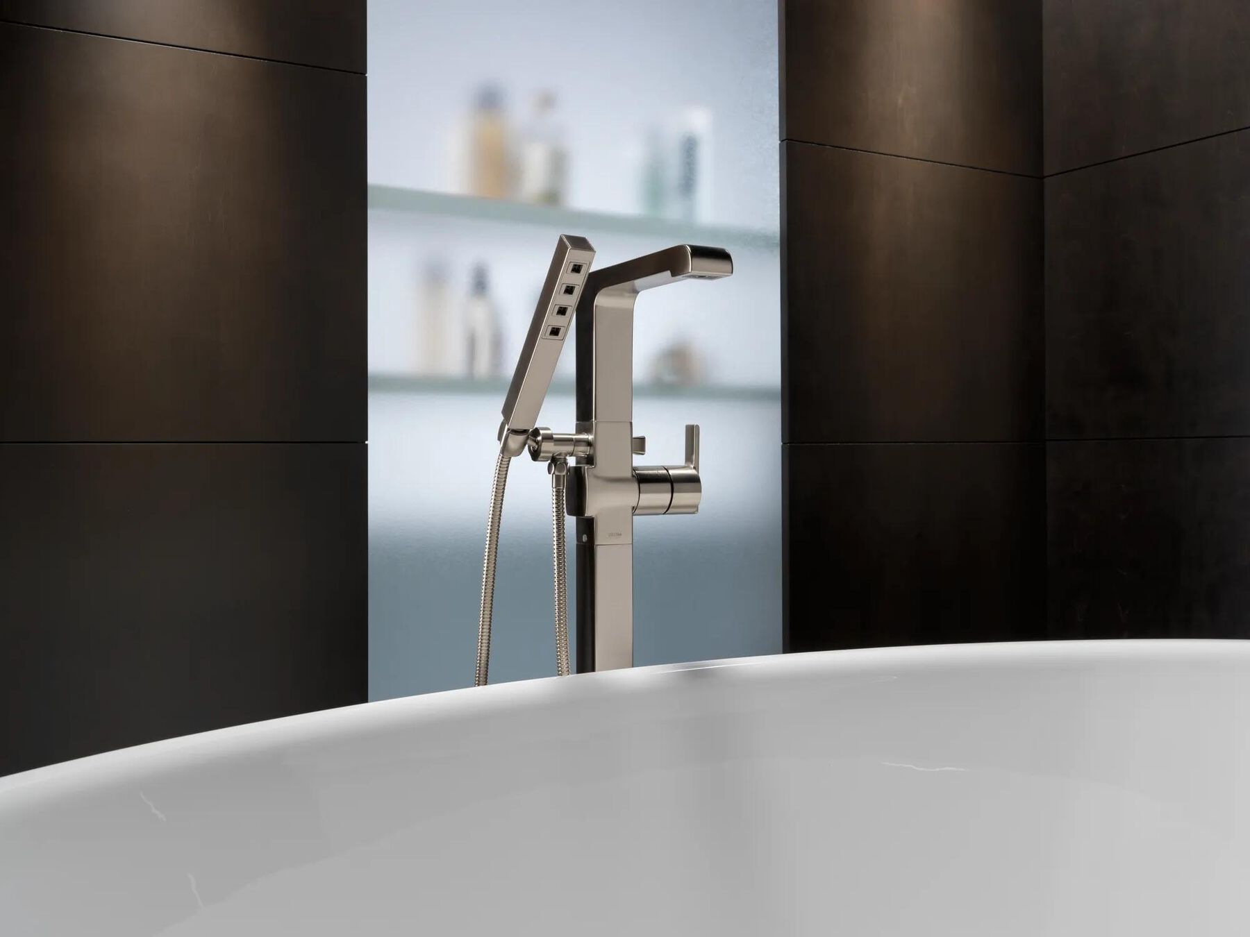 Single Handle Floor Mount Tub Filler Trim with Hand Shower