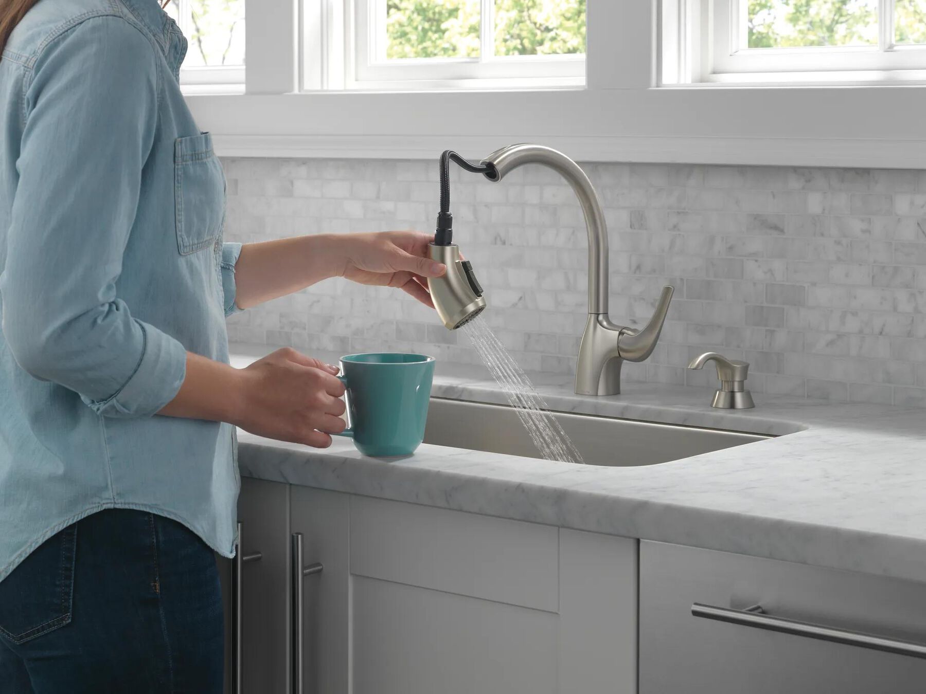Mid-Rise Pull-Out Kitchen Faucet with Soap Dispenser and ShieldSpray Technology (Recertified)