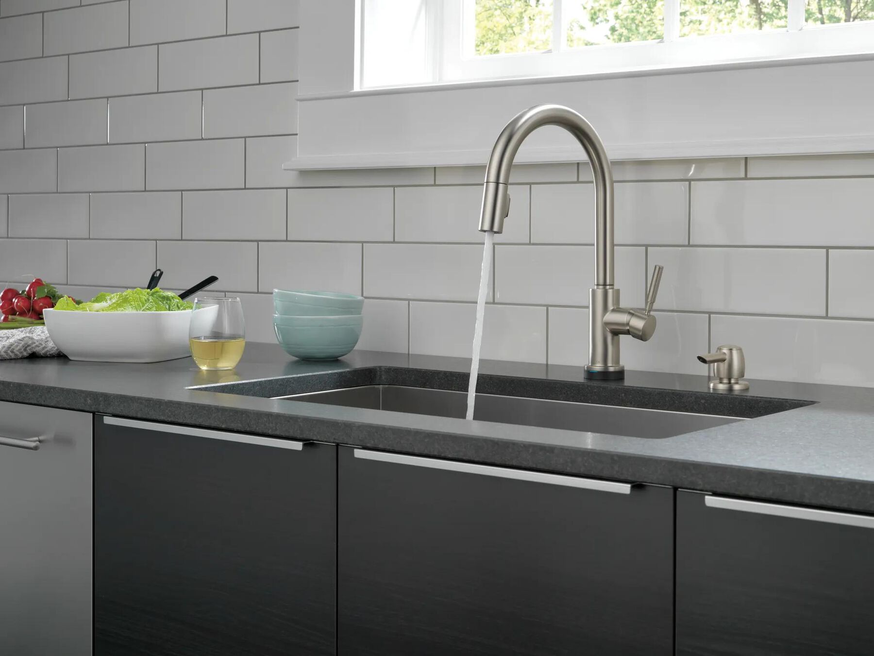 Single Handle Pull-Down Kitchen Faucet with Touch<sub>2</sub>O&reg; Technology Technology and Soap Dispenser