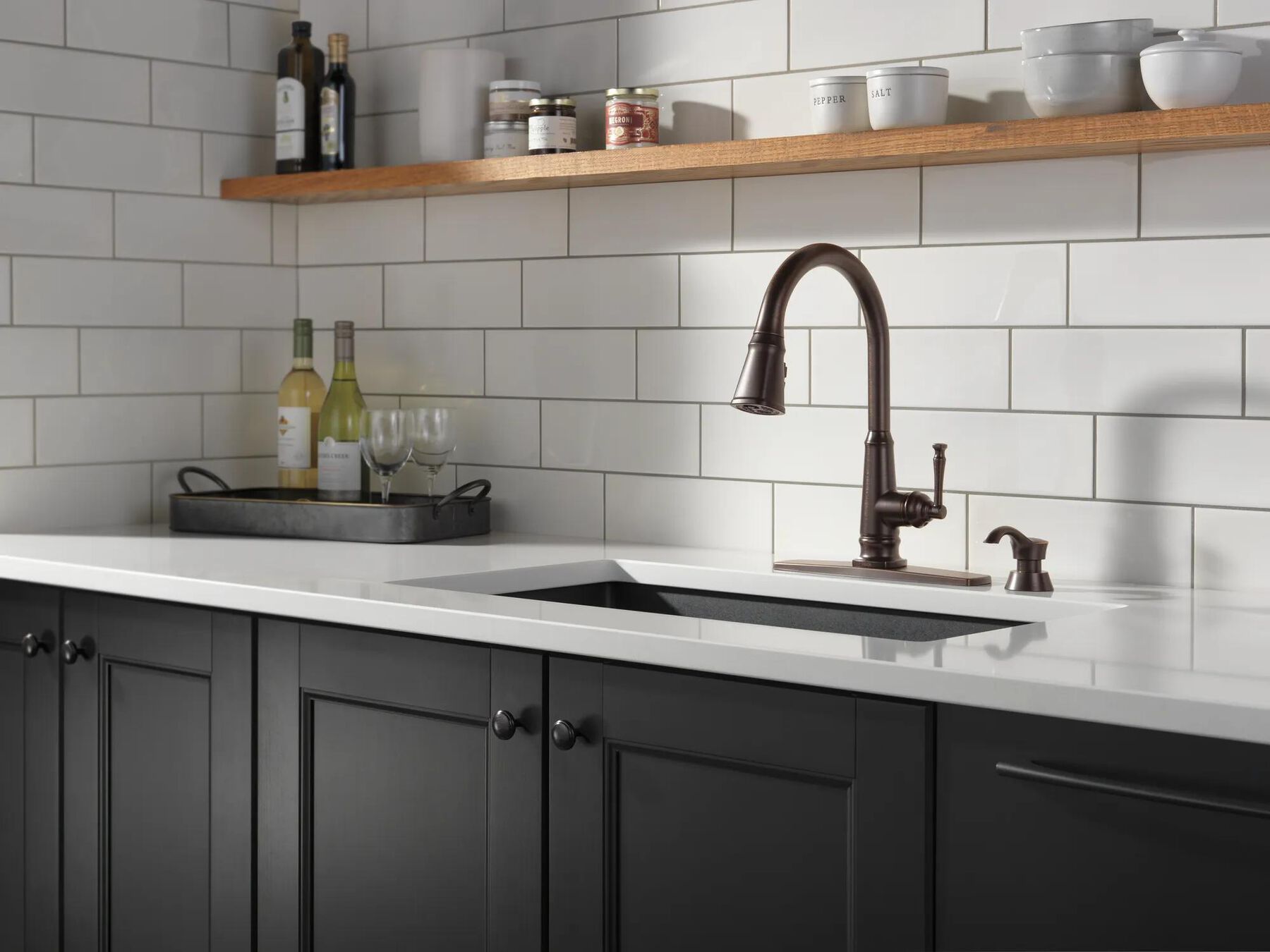 Single Handle Pull-Down Kitchen Faucet with Soap Dispenser and ShieldSpray Technology