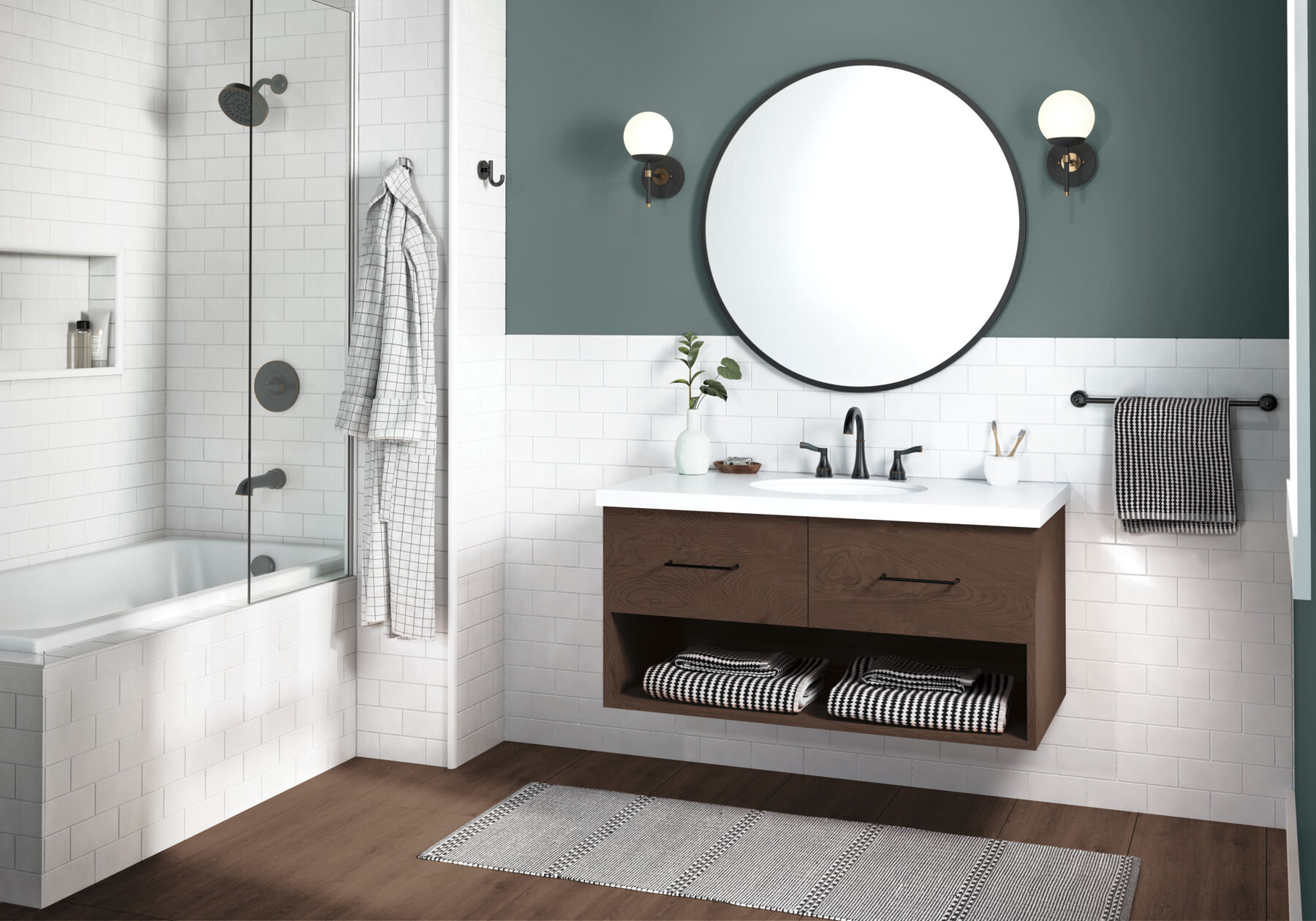 Widespread Lavatory Faucet with 14 Series Tub Shower Trim and Rough Bundle