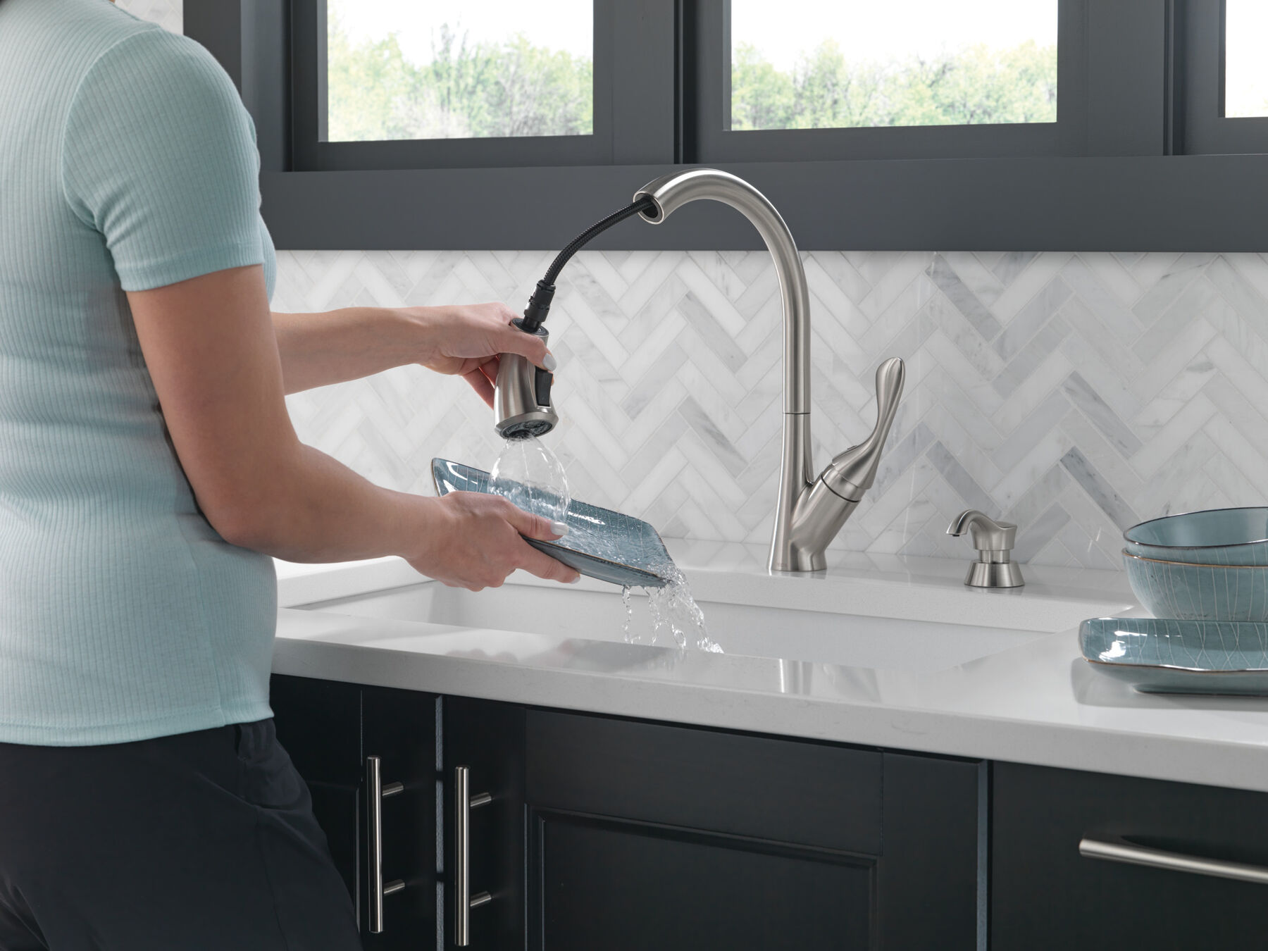 Single Handle Pull-Down Kitchen Faucet with Soap Dispenser and ShieldSpray&reg; Technology