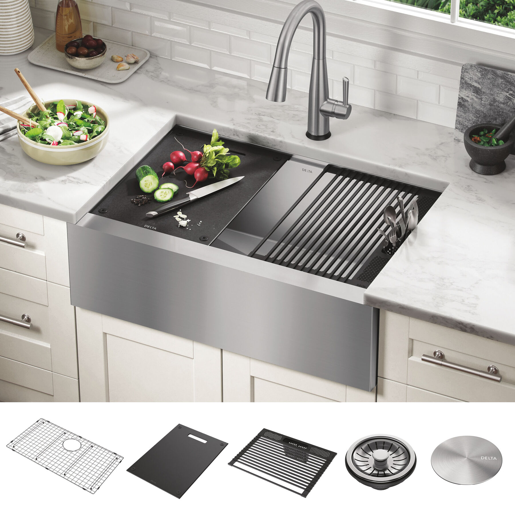 30&rdquo; Workstation Undermount&nbsp;Single Bowl&nbsp;16 Gauge Stainless Steel&nbsp;Farmhouse Apron Front Kitchen Sink&nbsp;with&nbsp;WorkFlow&trade; Ledge and Accessories