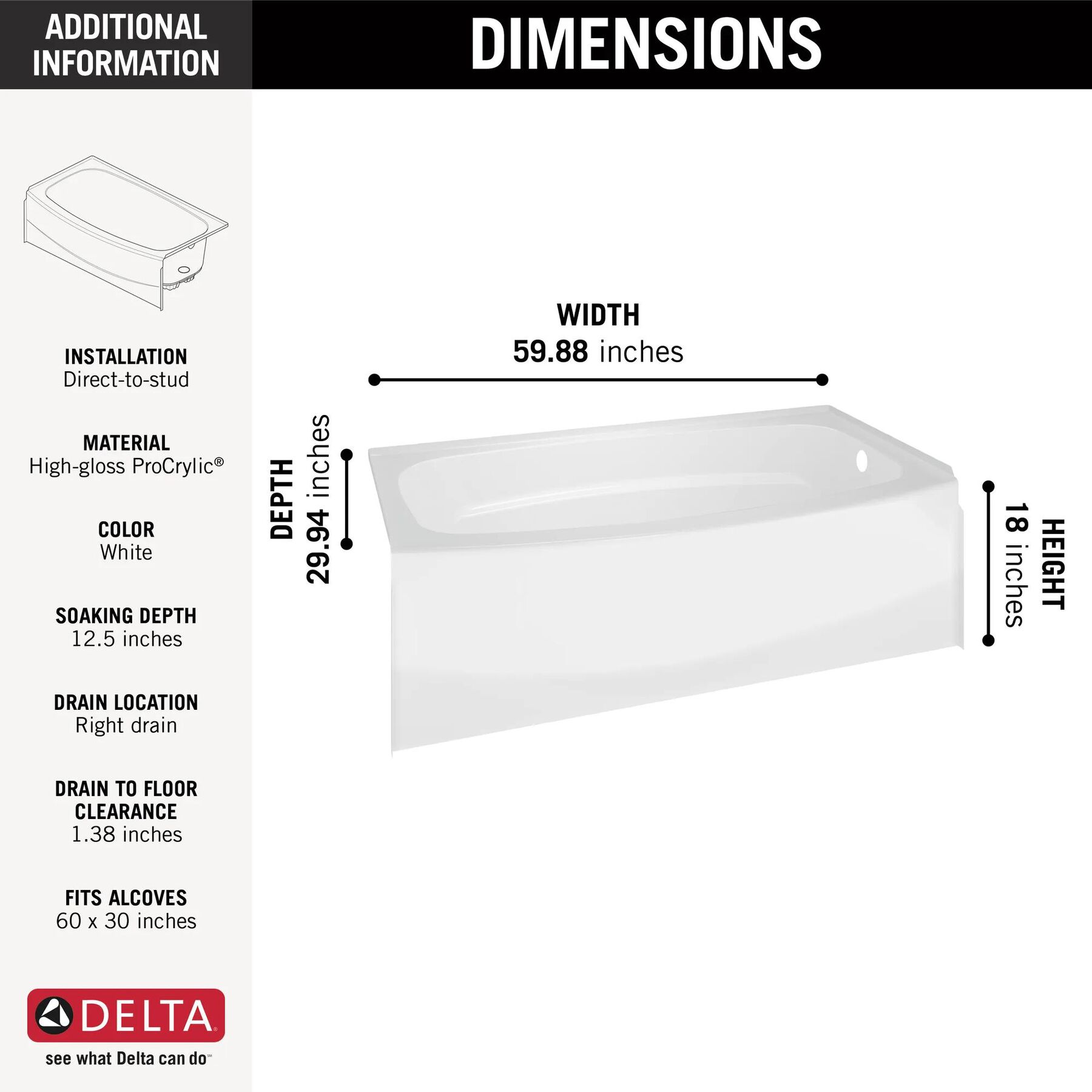 60" x 30" Curved Bathtub - Right Drain